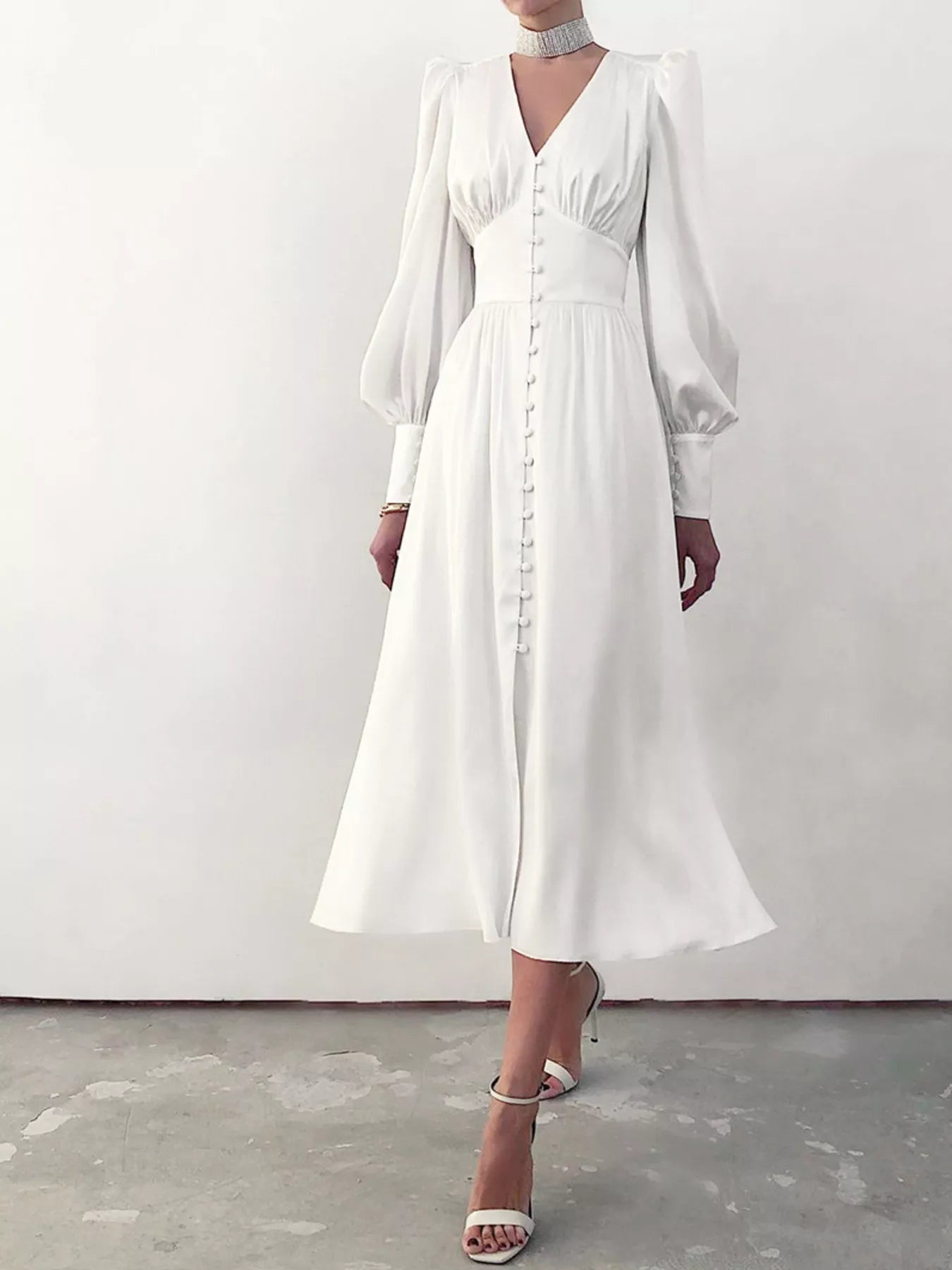 Trendsi Elegant V-Neck Puff Sleeve Button-Down Midi Dress -