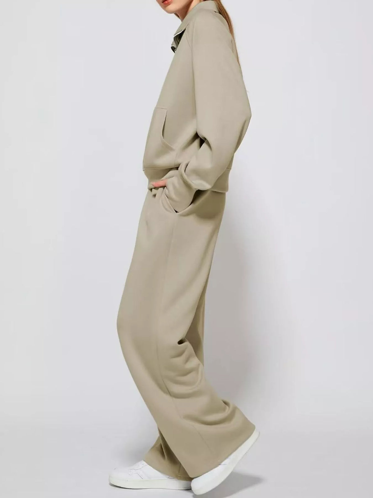 Half-zip top and pants set, beige side