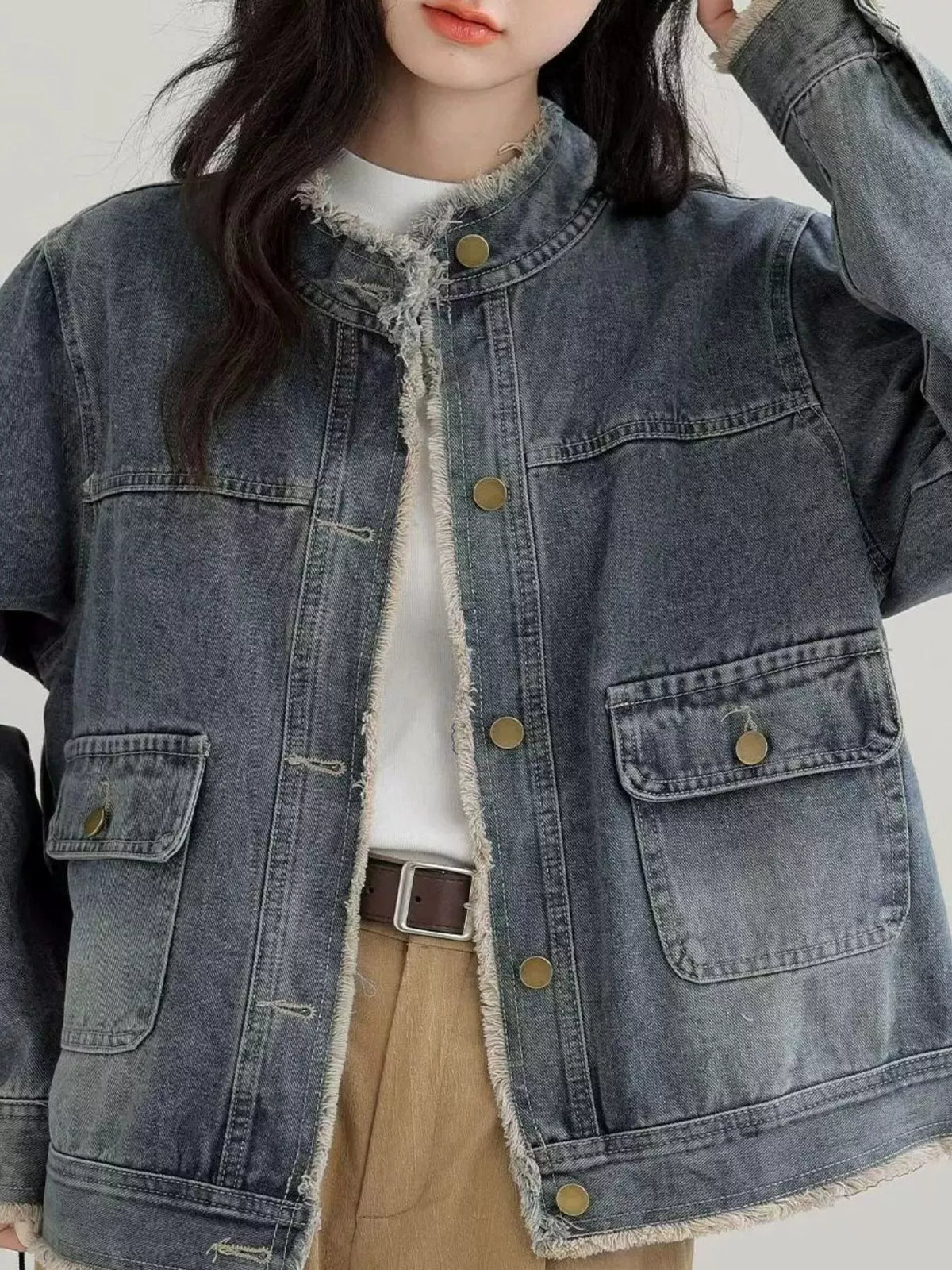 Distressed Frayed-Edge Denim Jacket with Utility Pockets — front view