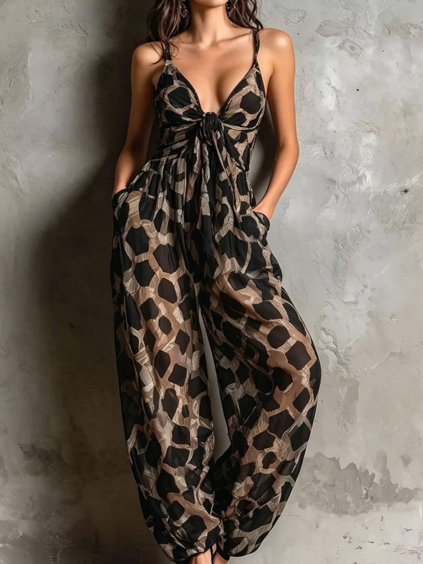 Trendsi Geometric Print Wide-Leg Jumpsuit with Front Tie Detail -