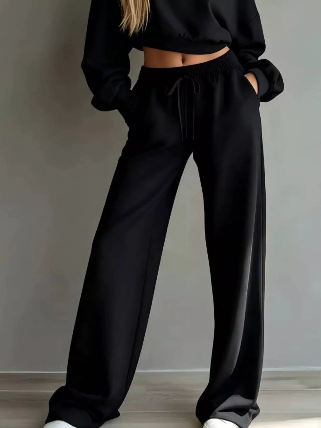 Trendsi Round Neck Cropped Sweatshirt and Wide-Leg Pants Set -