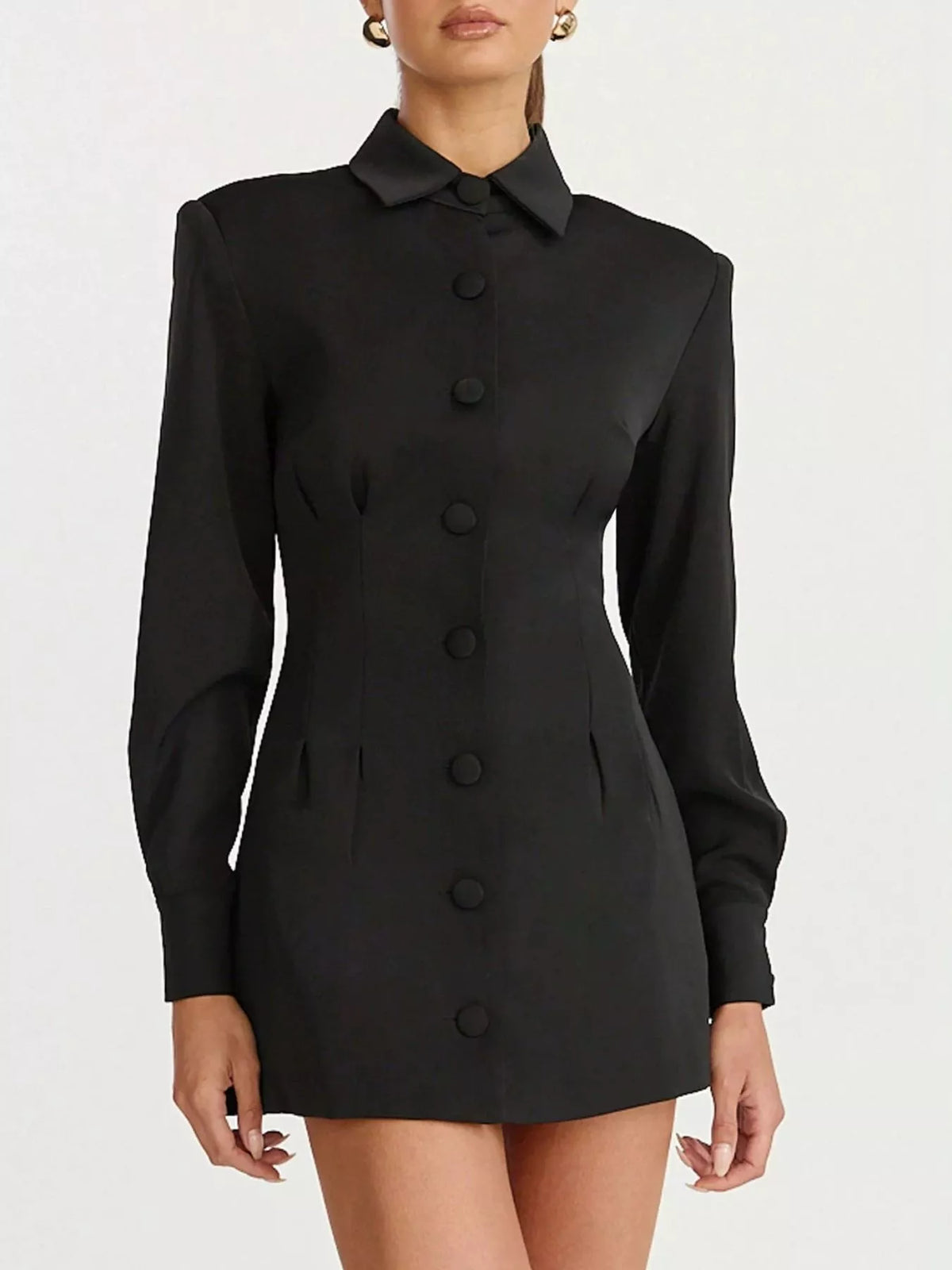 Corset-style mini blazer dress — black buttoned collar front view.