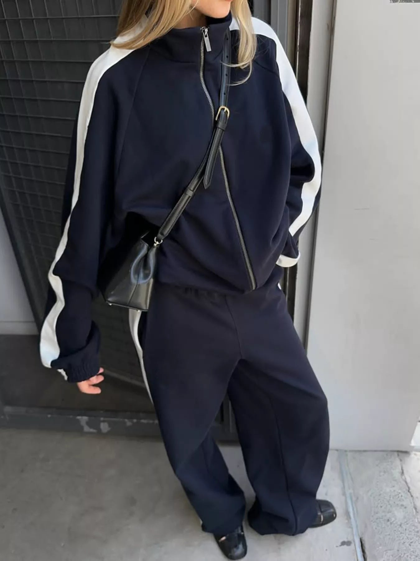 Trendsi Contrast Side Stripe Zip Up Top and Pants Set -