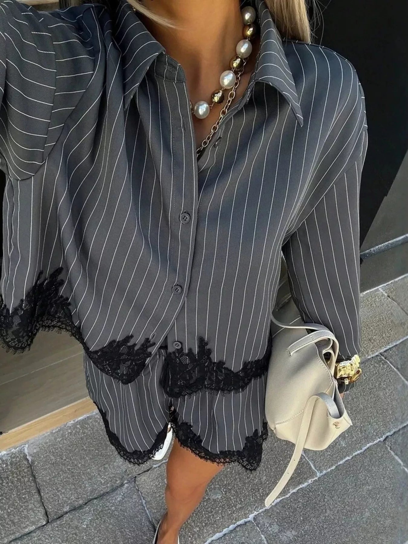 Trendsi Lace Trim Striped Button-Down Shirt and Shorts Set -