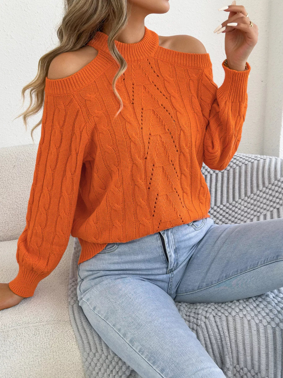 Cold Shoulder Cable Knit Sweater in orange, front view