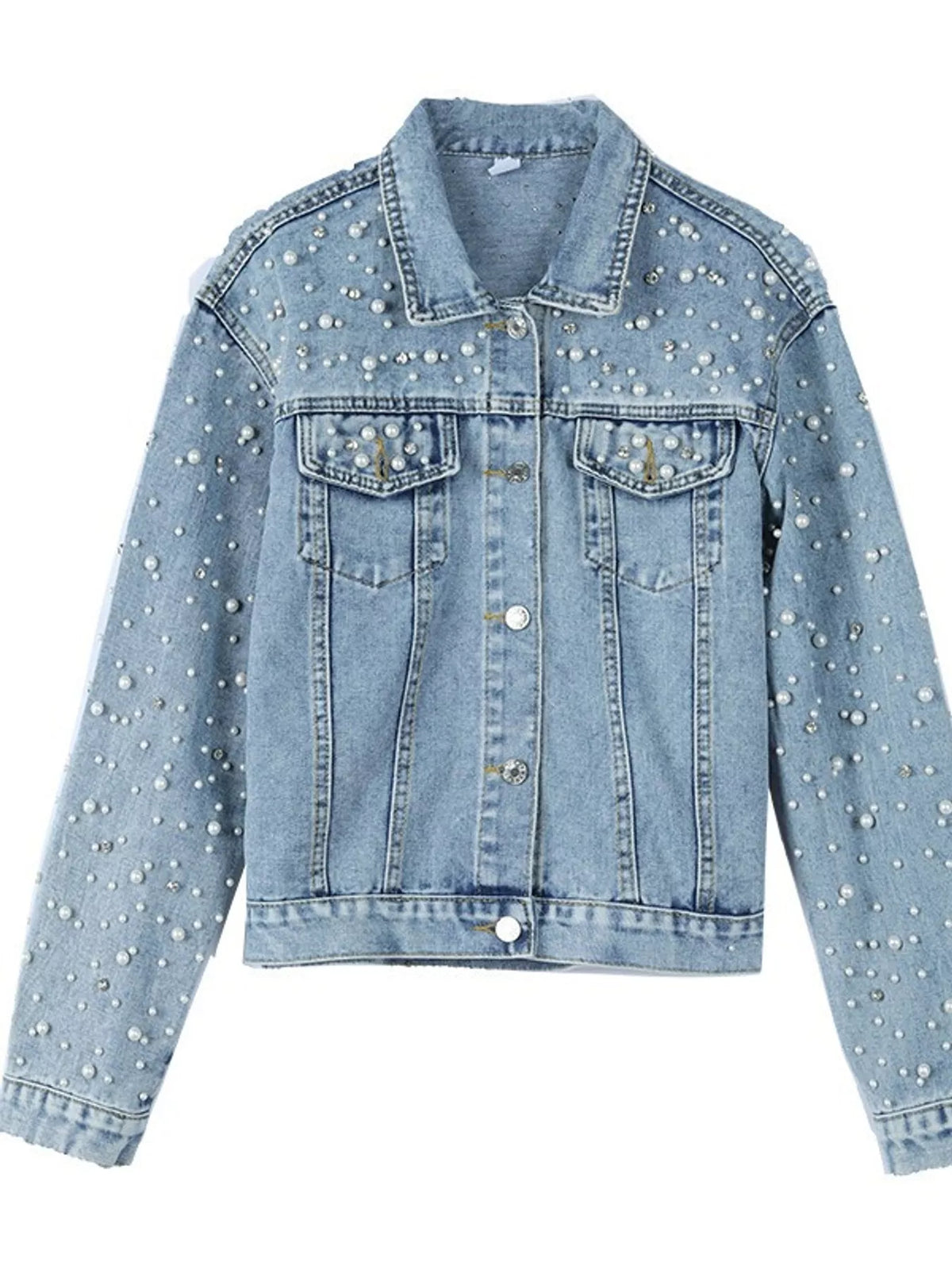 Women's Pearl Detail Button Up Denim Jacket in blue — flat lay view