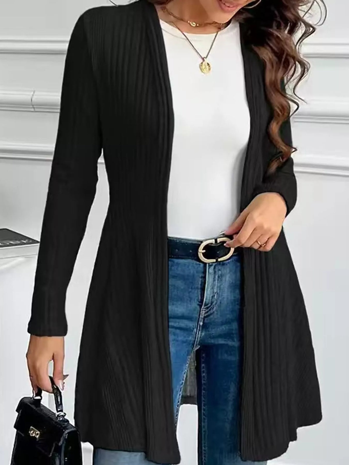 Black ribbed knit open front cardigan