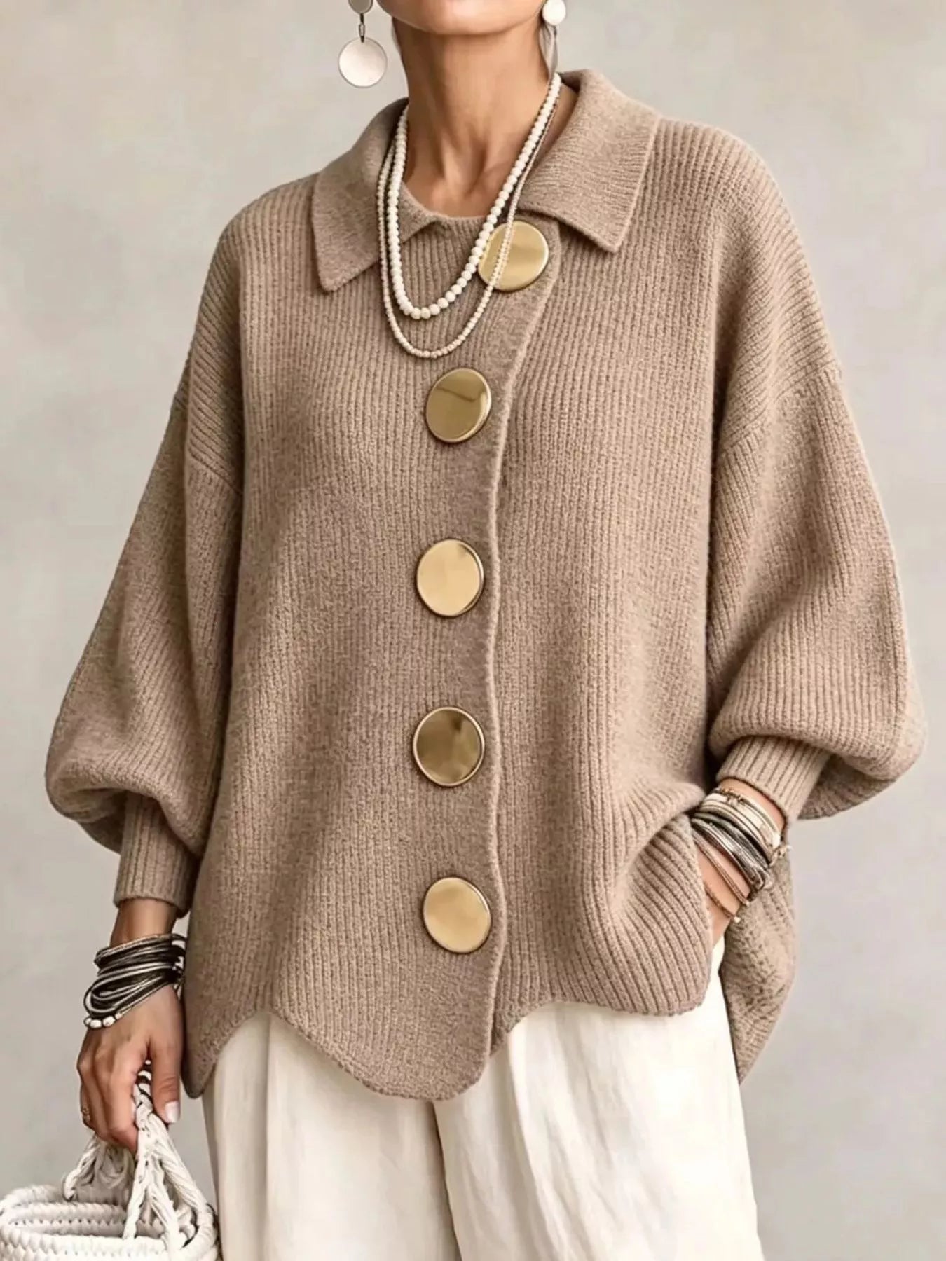 Trendsi Full Size Gold Buttons Lantern Sleeve Cardigan Plus Size -