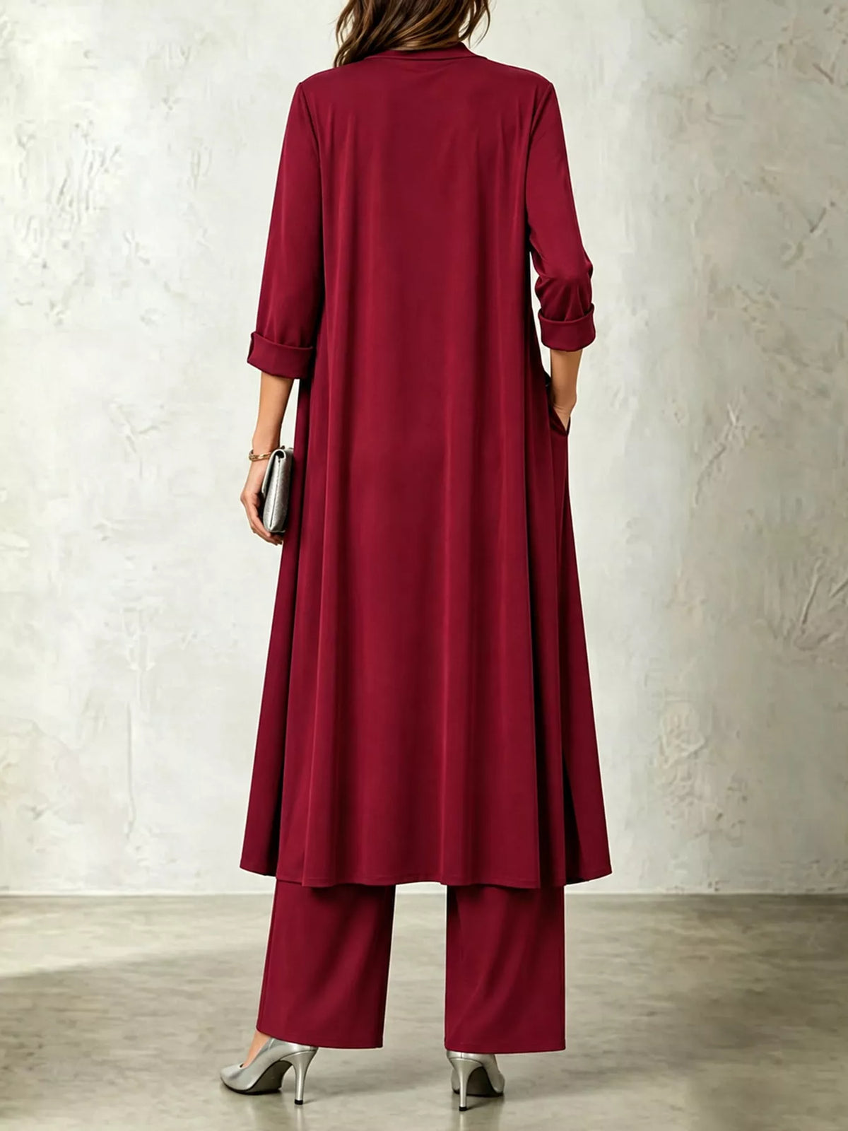 Burgundy cowl neck top, cardigan and pants set, back view