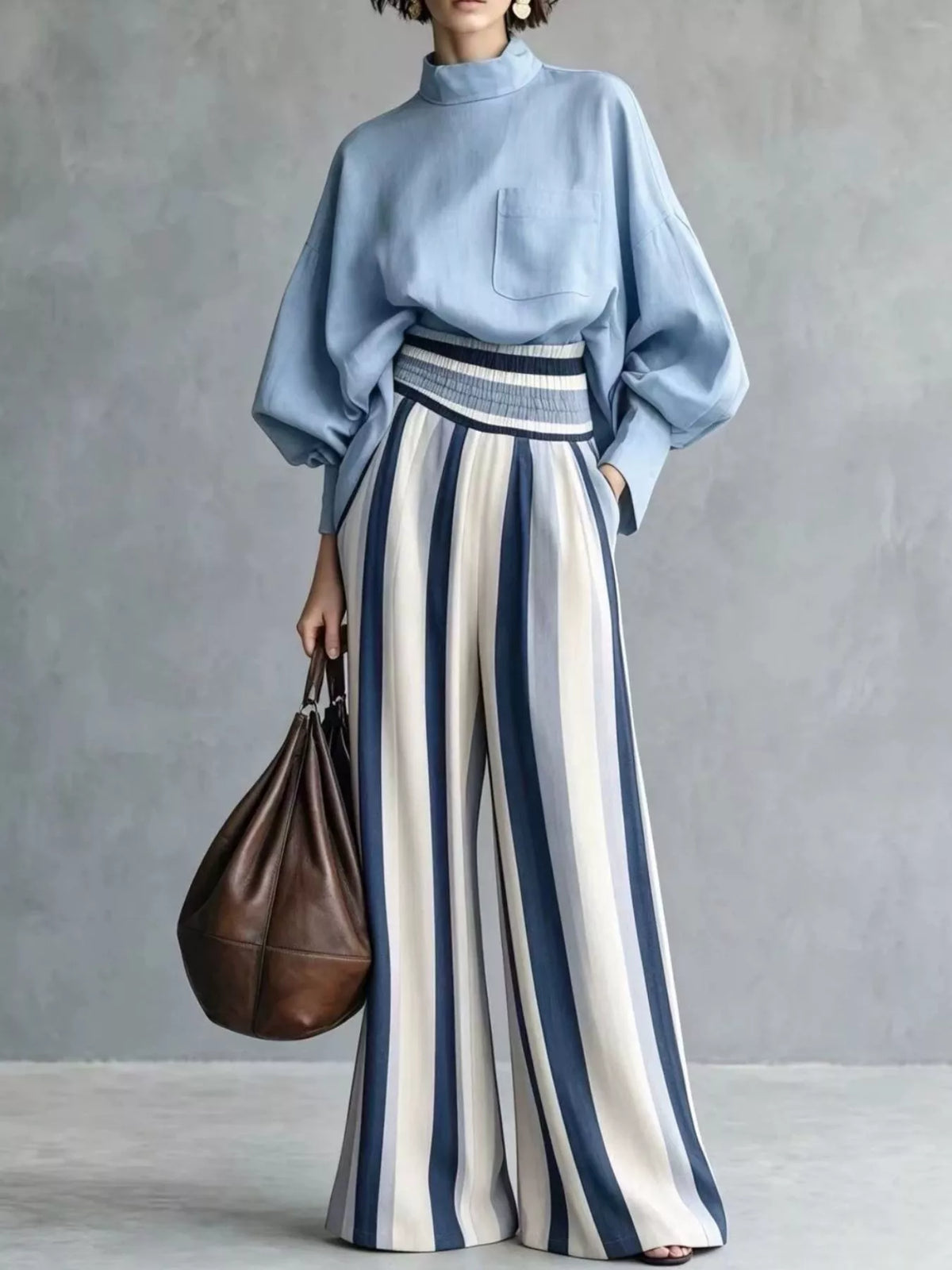Blue mock-neck blouse and striped wide-leg trouser set — front view