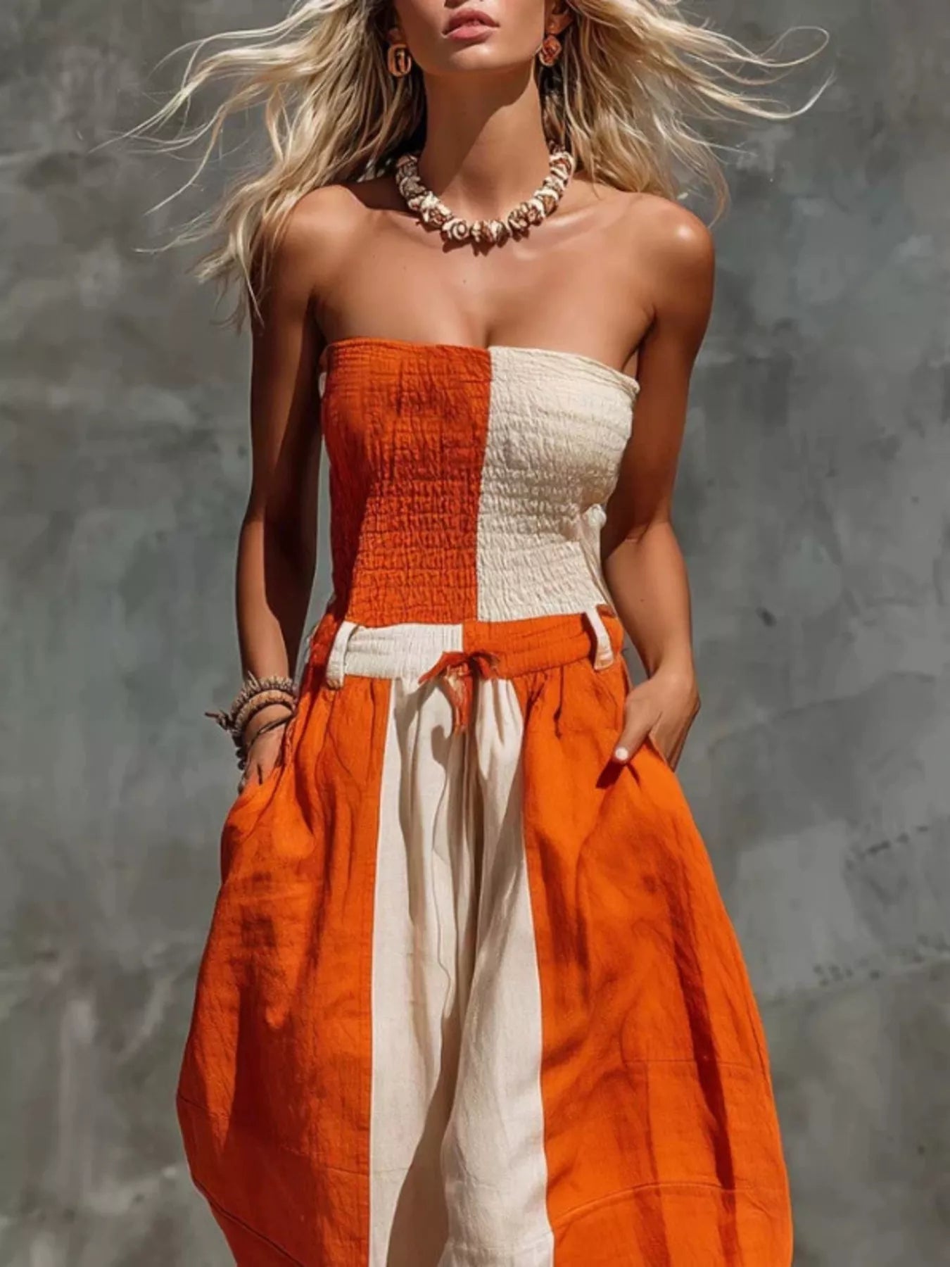 Trendsi Color-Block Strapless Smocked Jumpsuit -