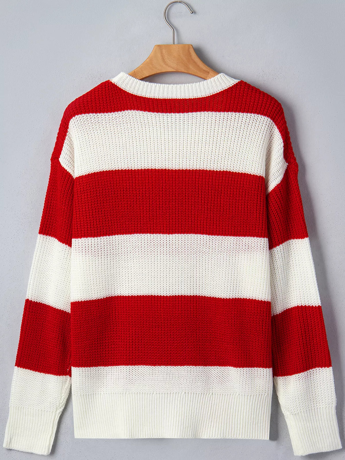 MERRY Striped Christmas Sweater in scarlet, back view
