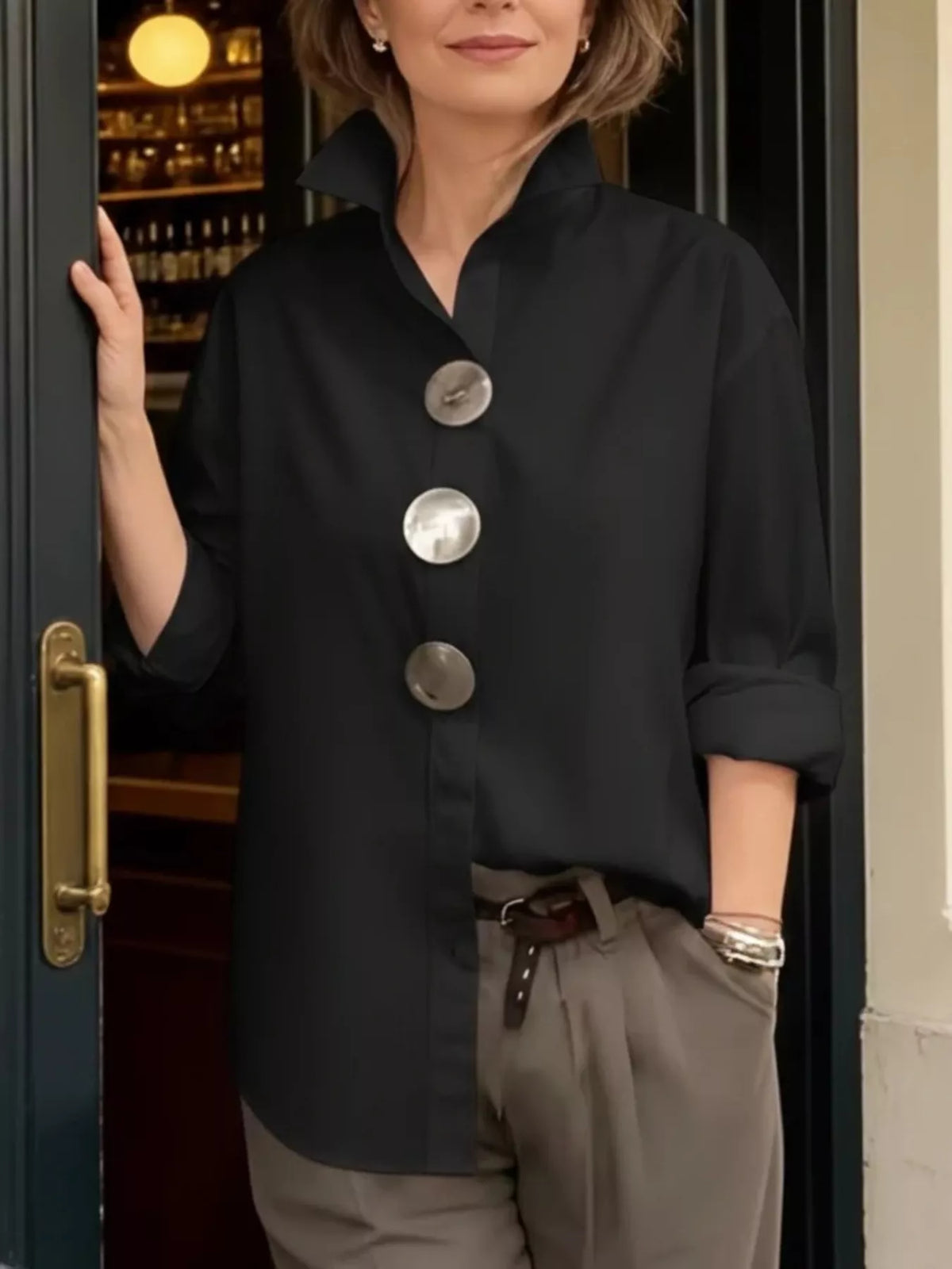 Trendsi Full Size Oversized Metal Button Long Sleeve Shirt Plus Size -