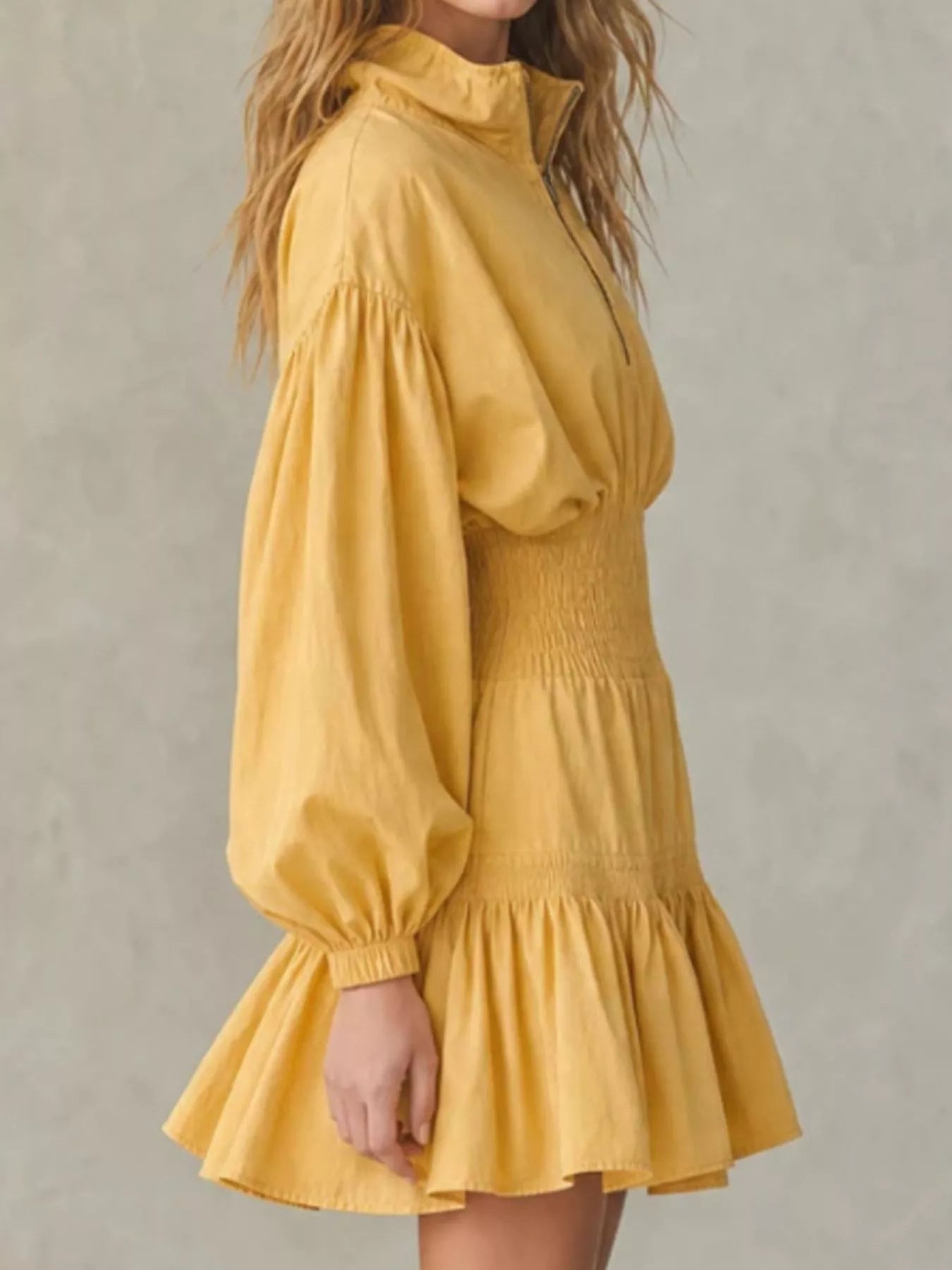 Trendsi Quarter-Zip Smocked Waist Mini Dress -