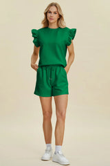 Trendsi Double Take Full Size Texture Round Neck Ruffle Sleeve Top and Shorts Set -