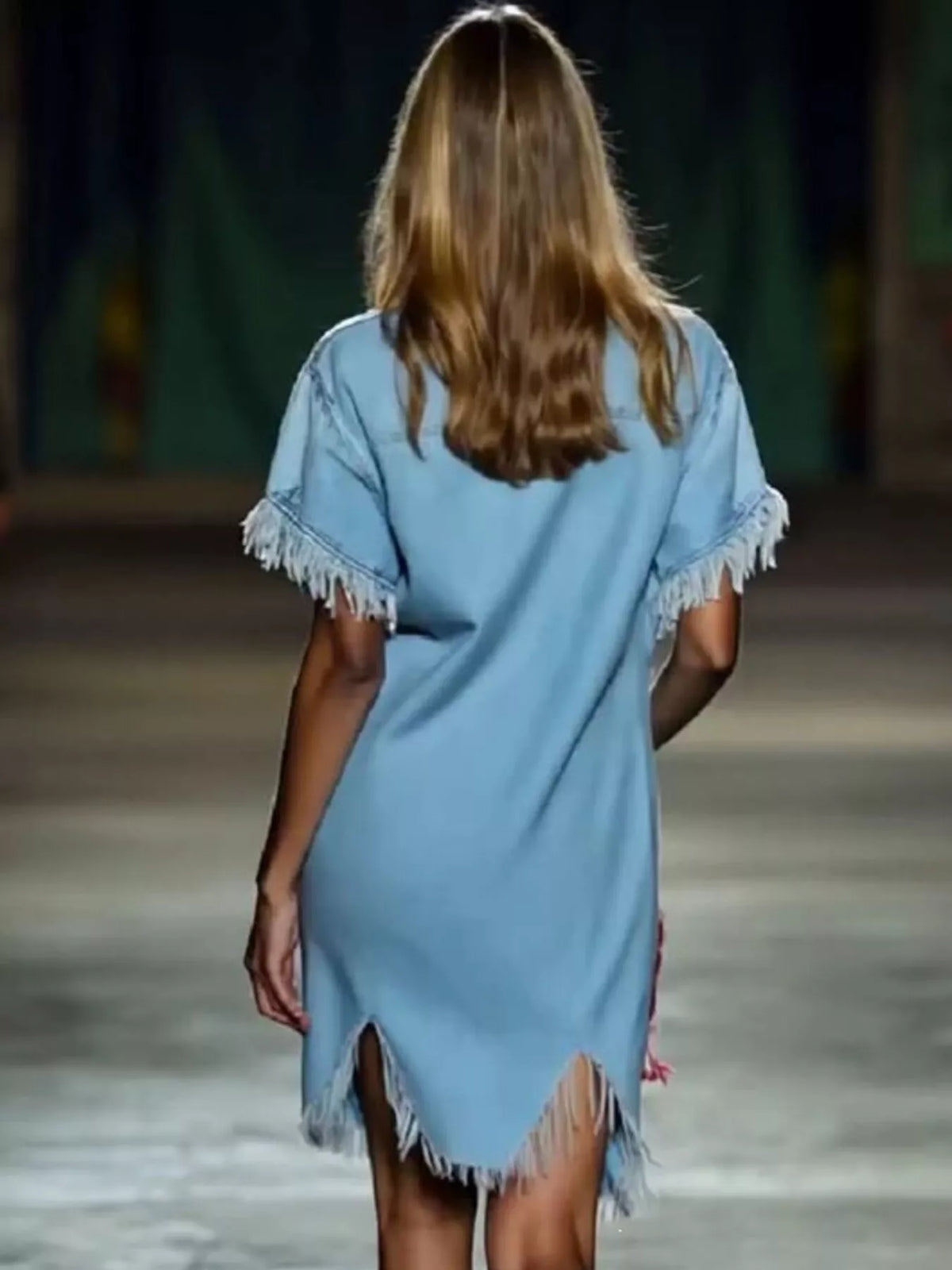Fringed denim-look short-sleeve shirt dress