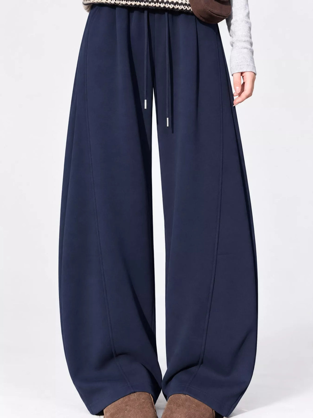 Navy wide leg drawstring sweatpants, front view