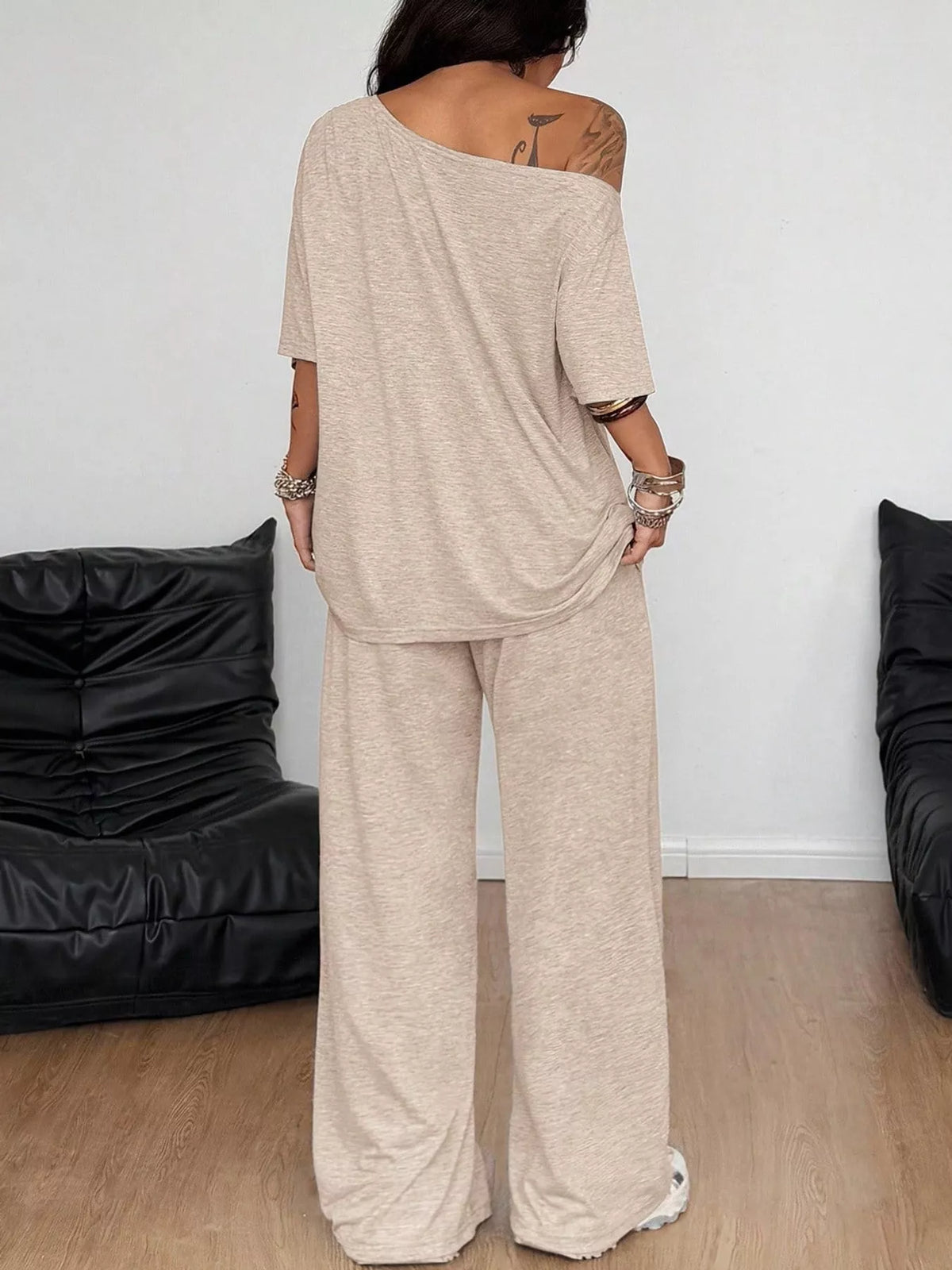 Beige boat neck top and wide-leg pants set — back view