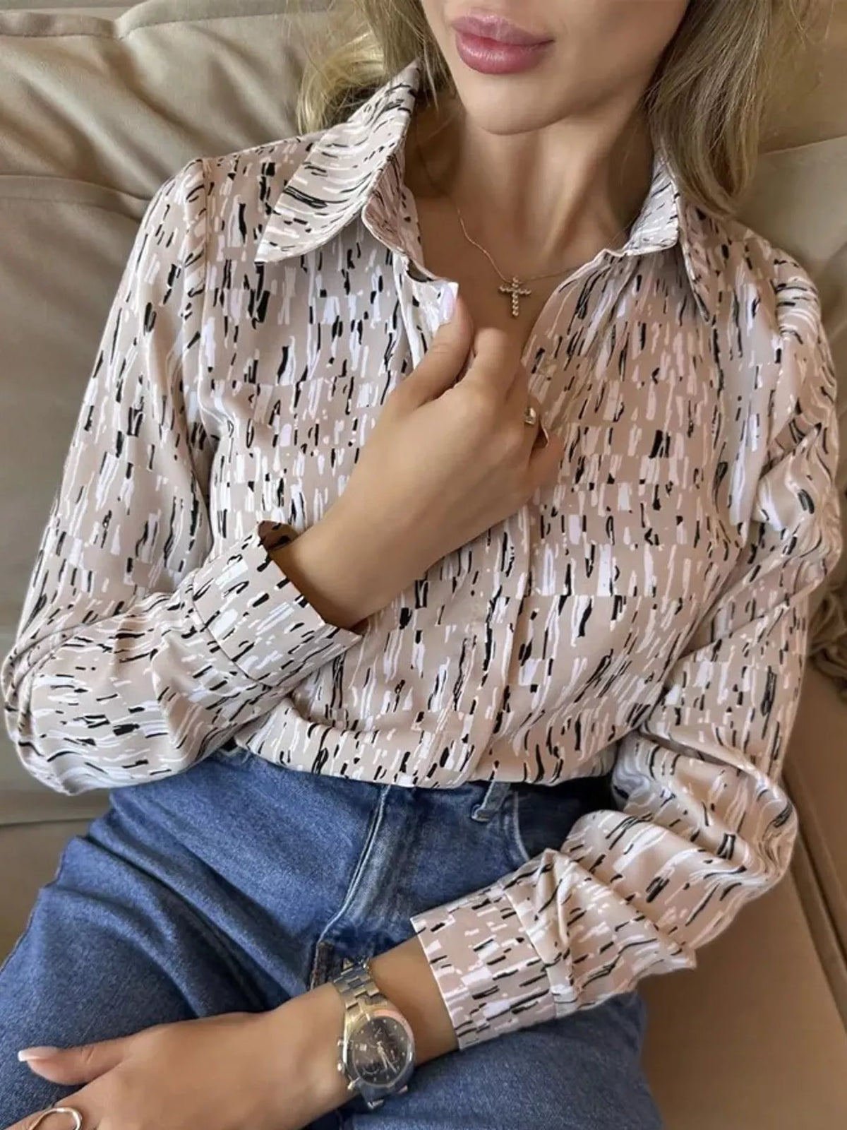 Button-up shirt, beige abstract front