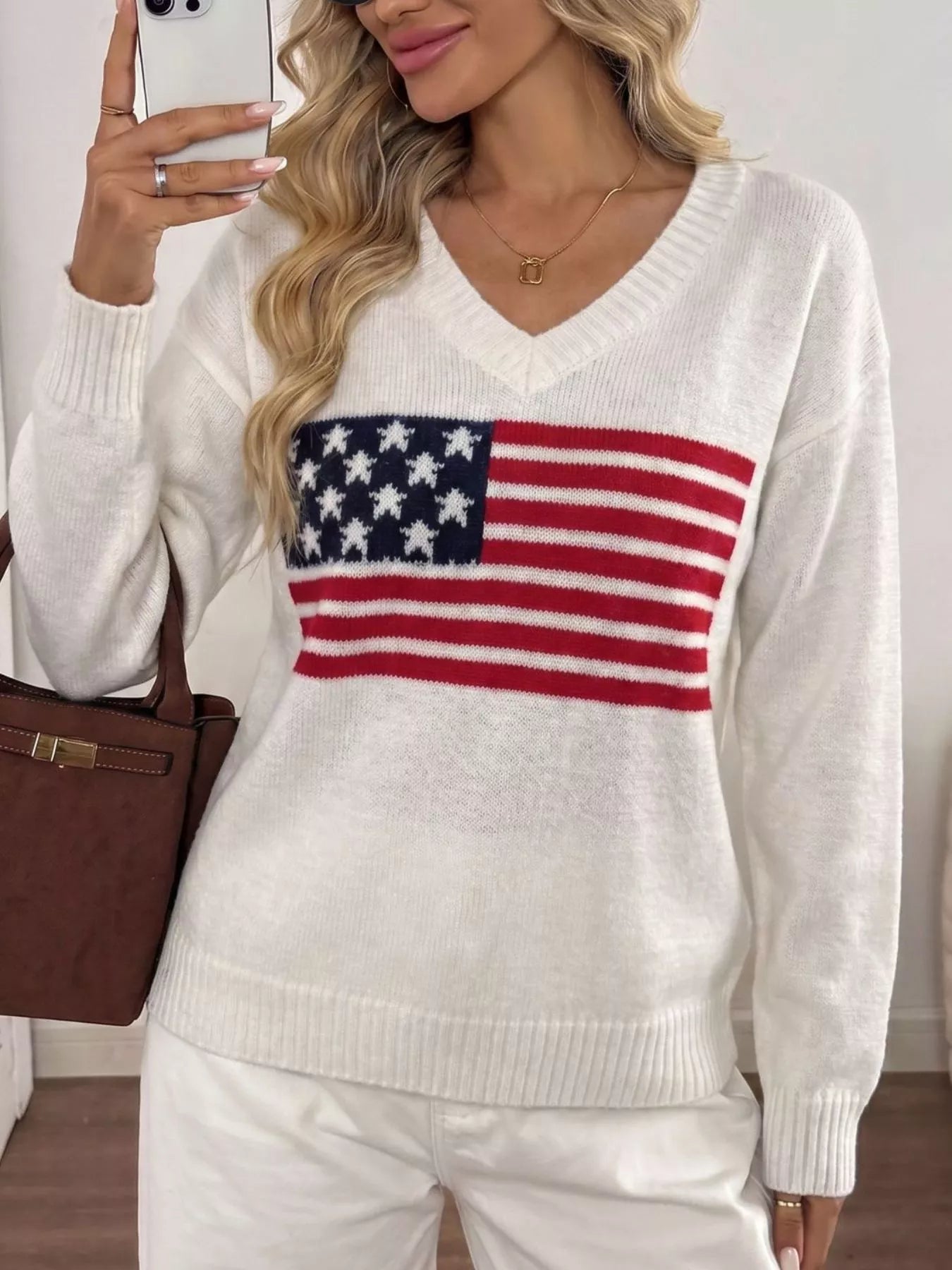 Trendsi American Flag V-Neck Knit Top -
