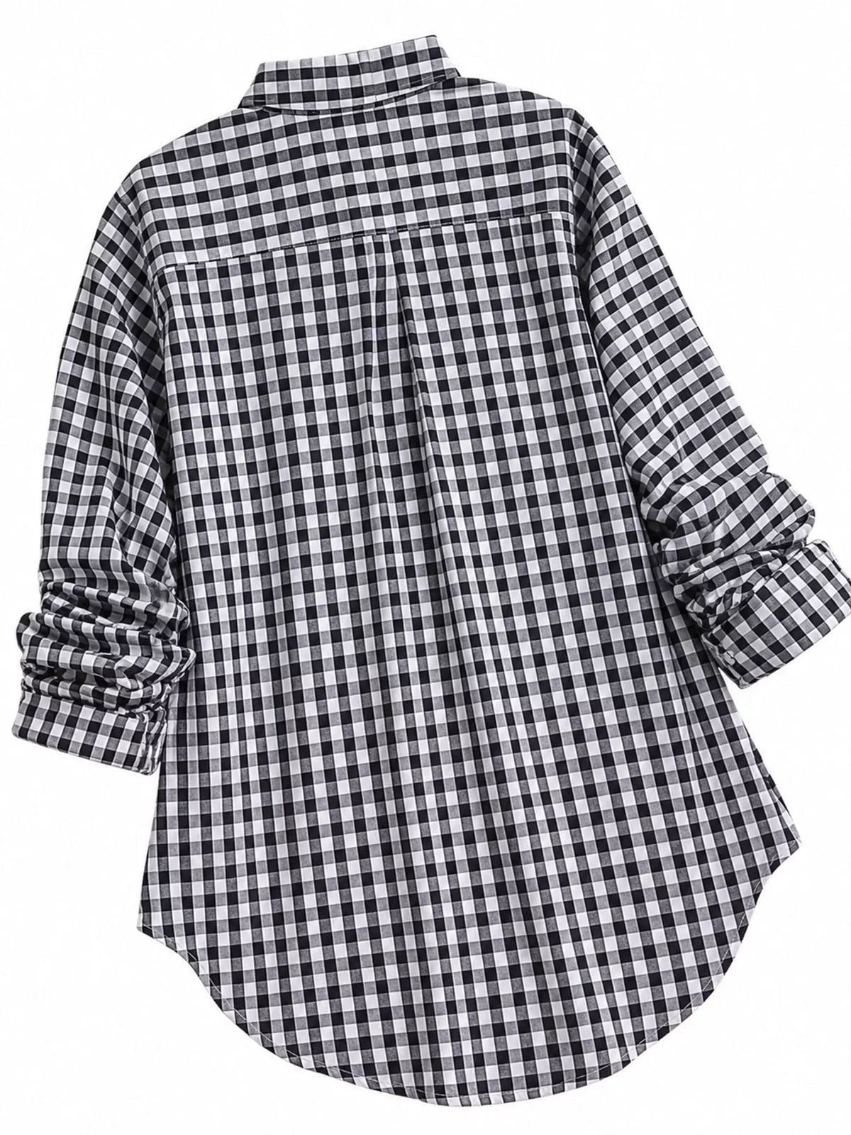Black and white plaid button-down shirt, back view