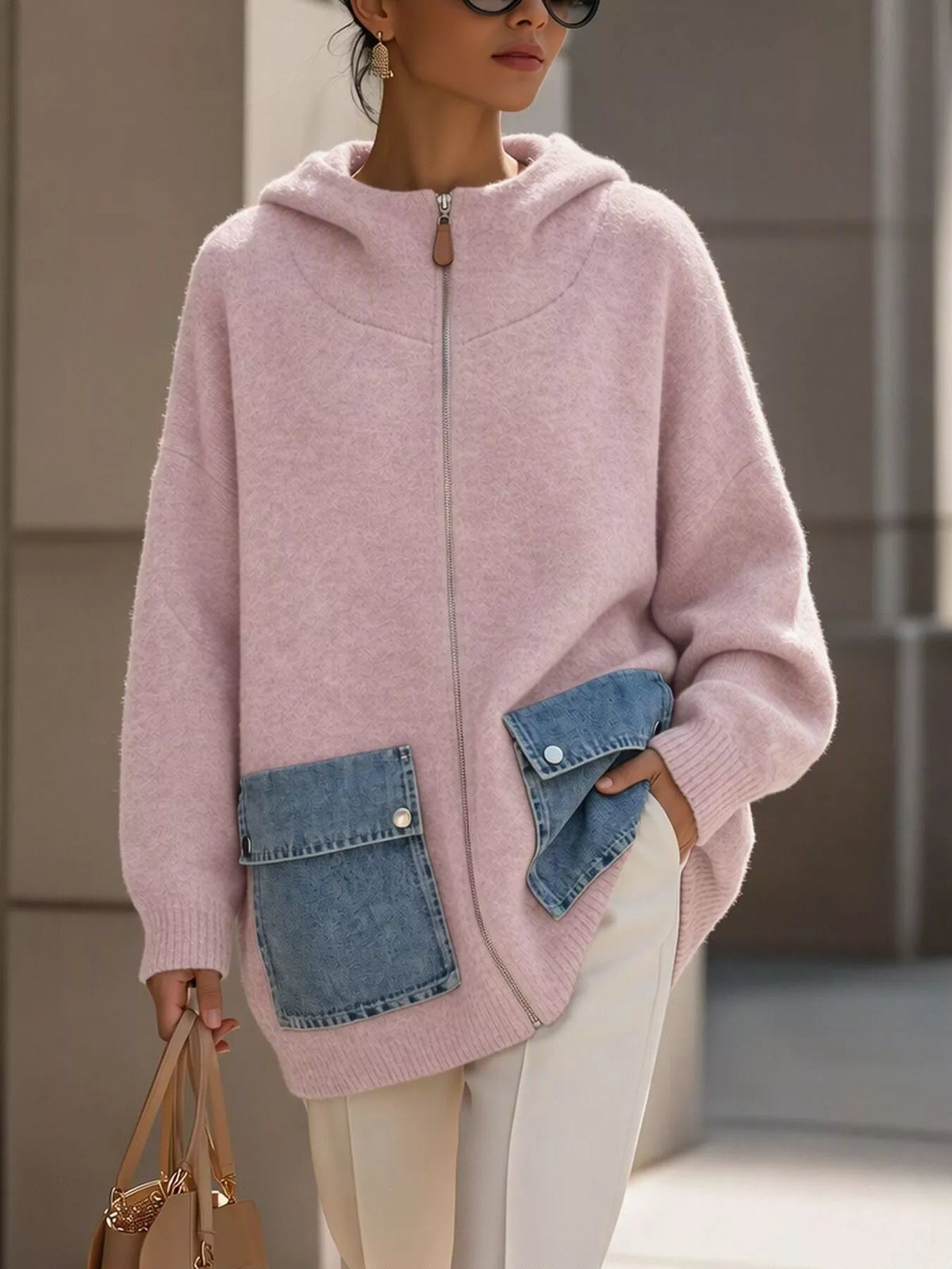 Blush Pink Contrast Denim Pockets Hooded Cardigan front view