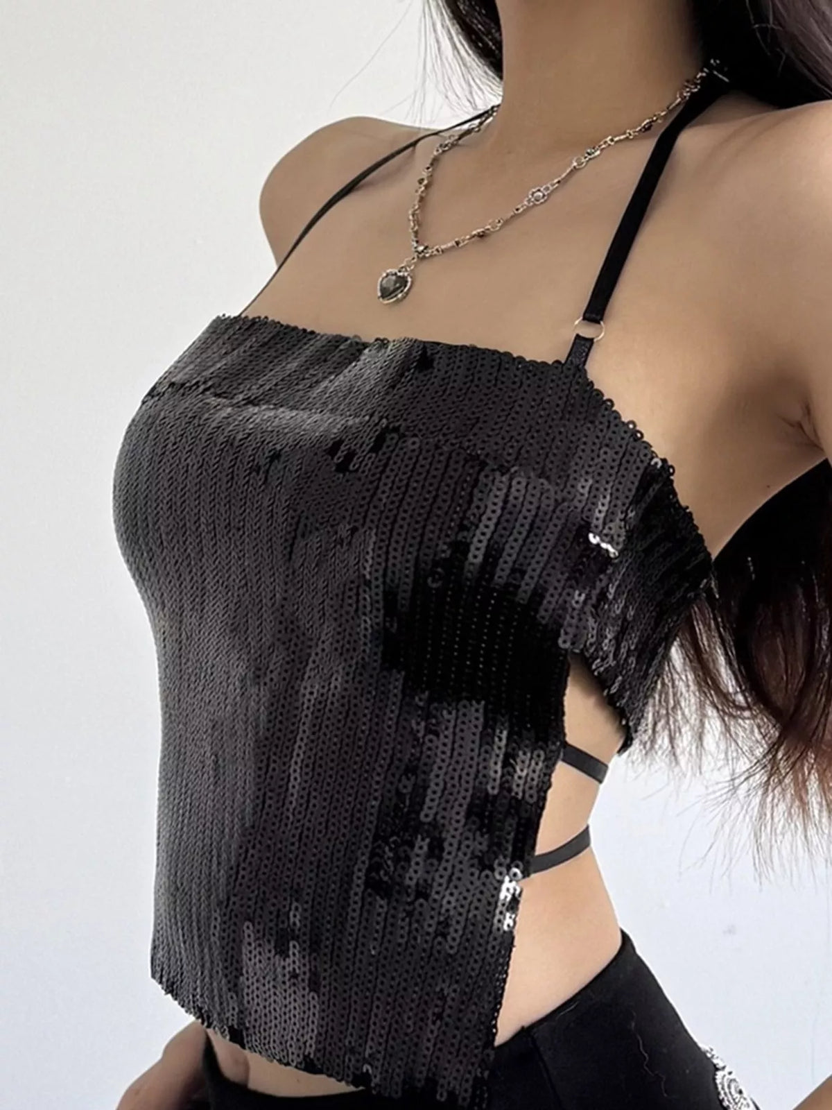 Black sequin halter neck cami