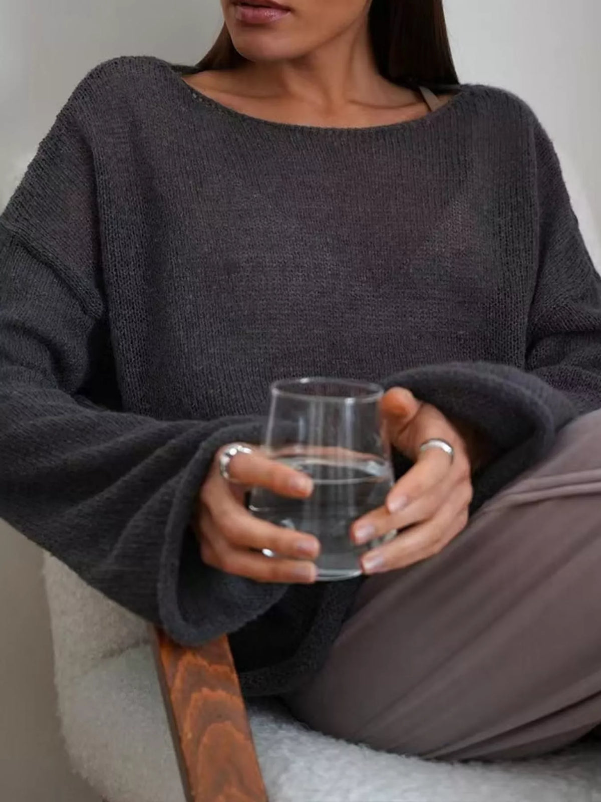 Dark gray sheer openwork knit long sleeve top