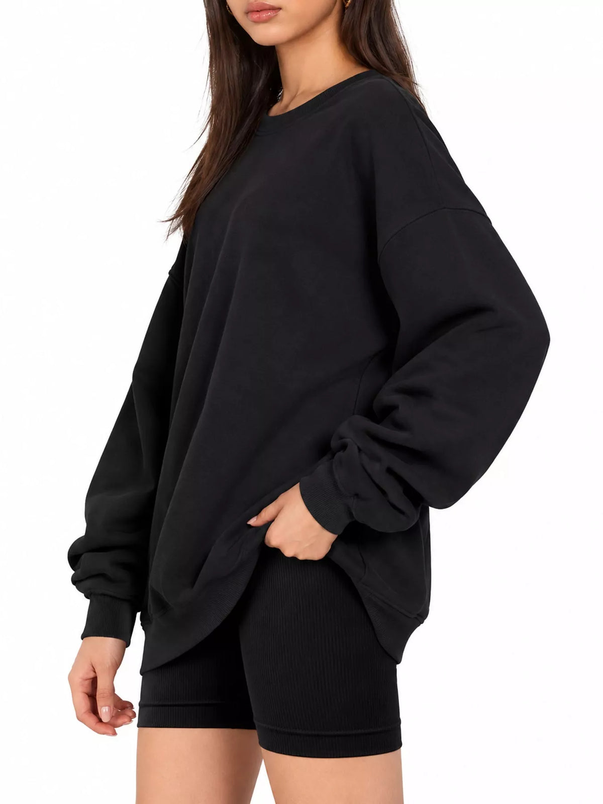 Ribbed Trim Crew Neck Sweatshirt in black, side view