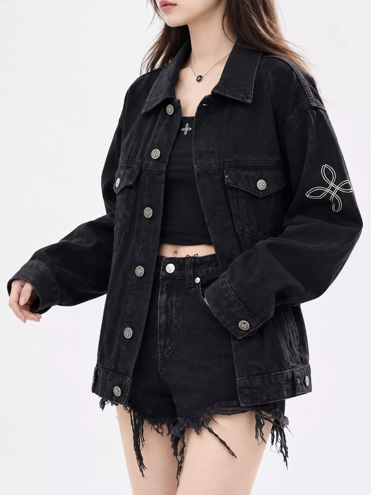 Black oversized button up denim jacket