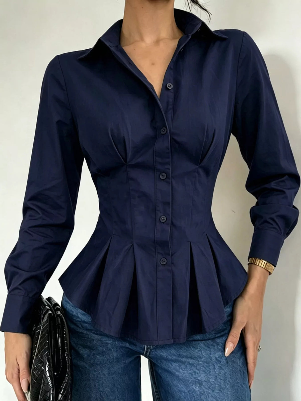 Button-Down Peplum Blouse with Fitted Waist, front view