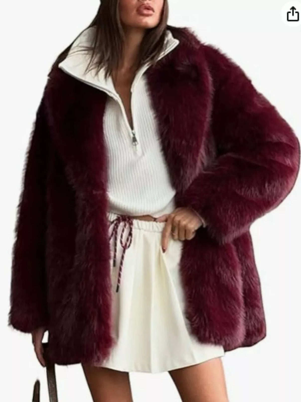 Faux Fur Long Sleeve Coat in burgundy