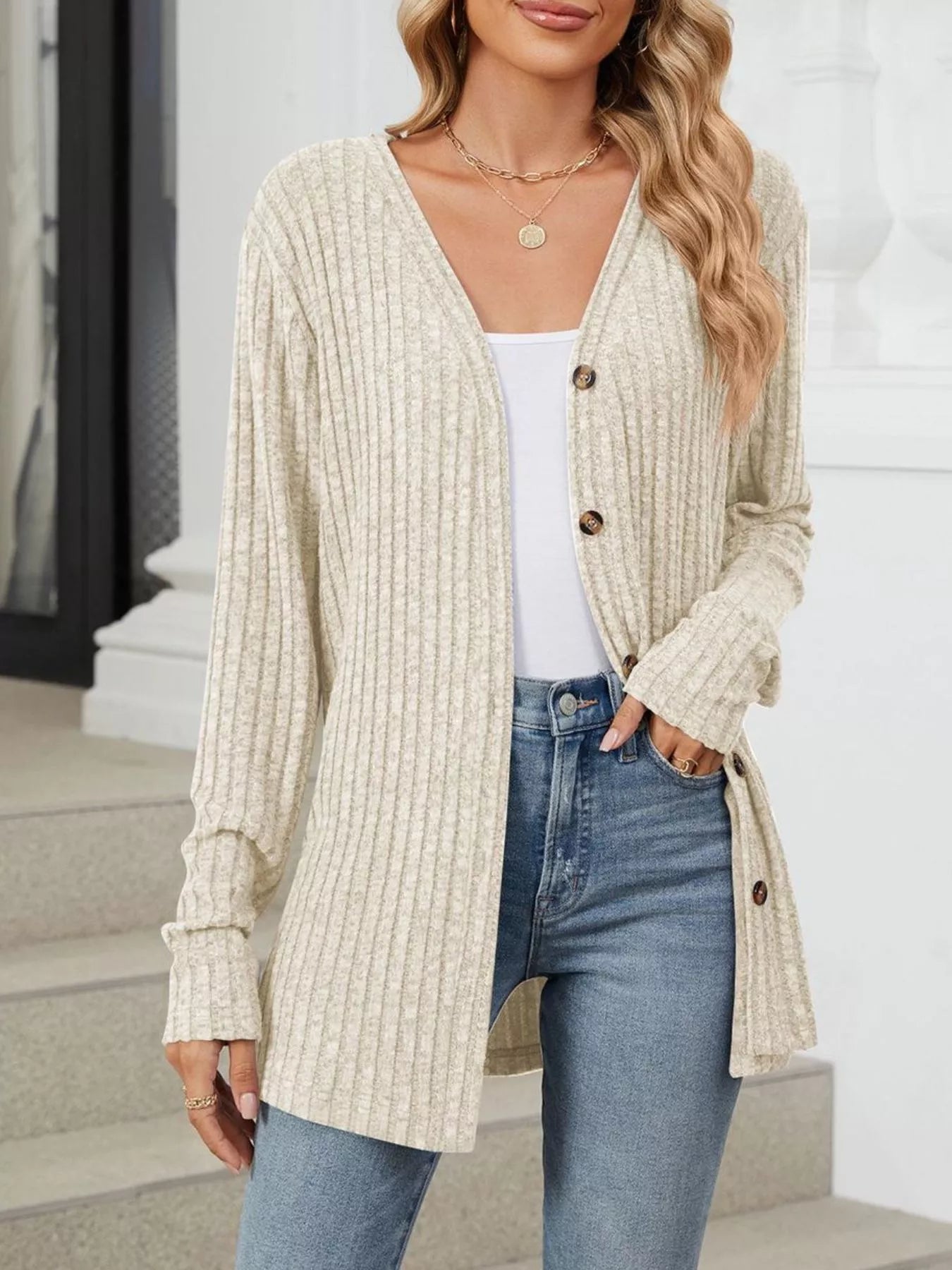 Trendsi Ribbed Button-Up Cardigan -