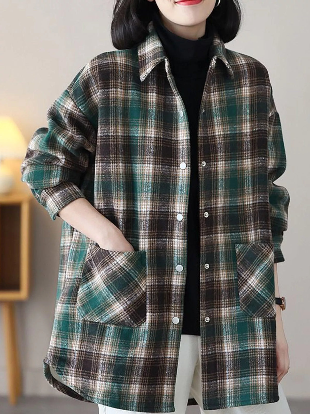 Green oversized plaid fleece-lined brushed shirt