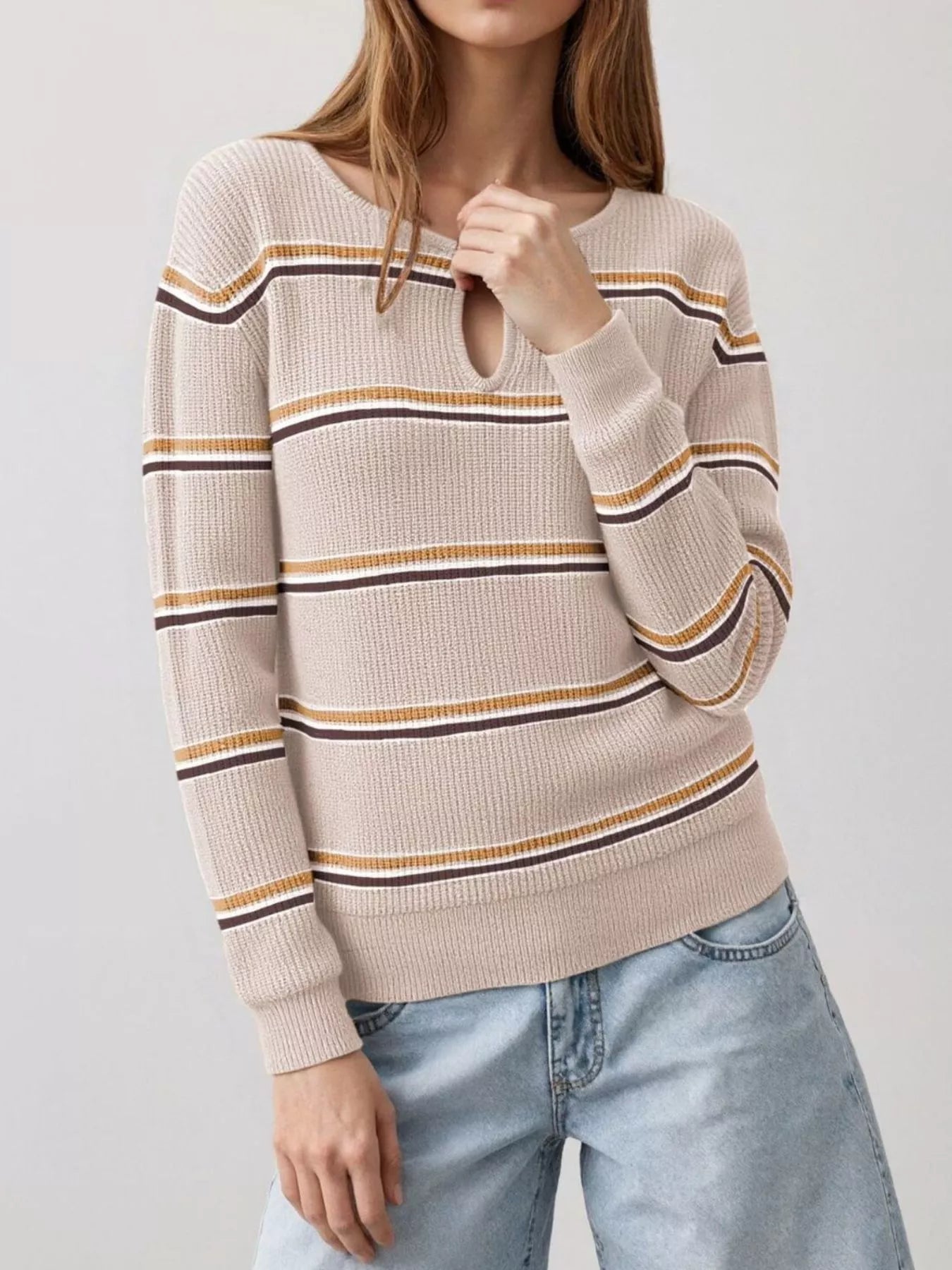 Trendsi Striped Ribbed Knit Top with Keyhole Neckline -