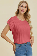 Trendsi Double Take Full Size Cable-Knit Round Neck Short Sleeve Sweater -