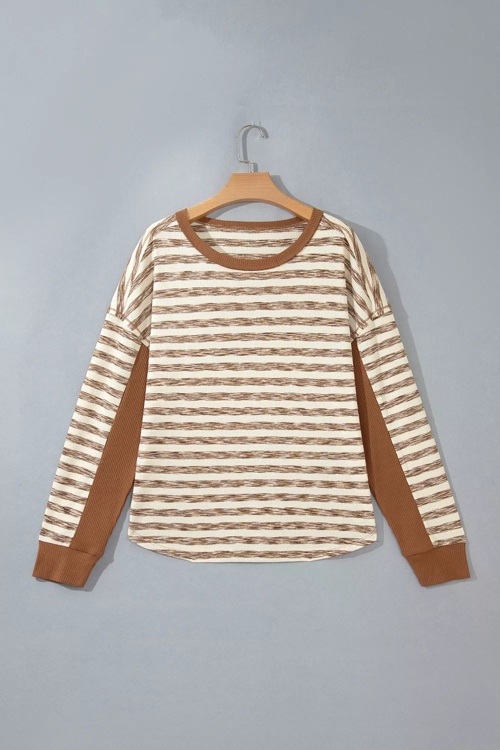 Trendsi Stripe Textured Knit Color Block Trim Long Sleeve Round Neck Top -