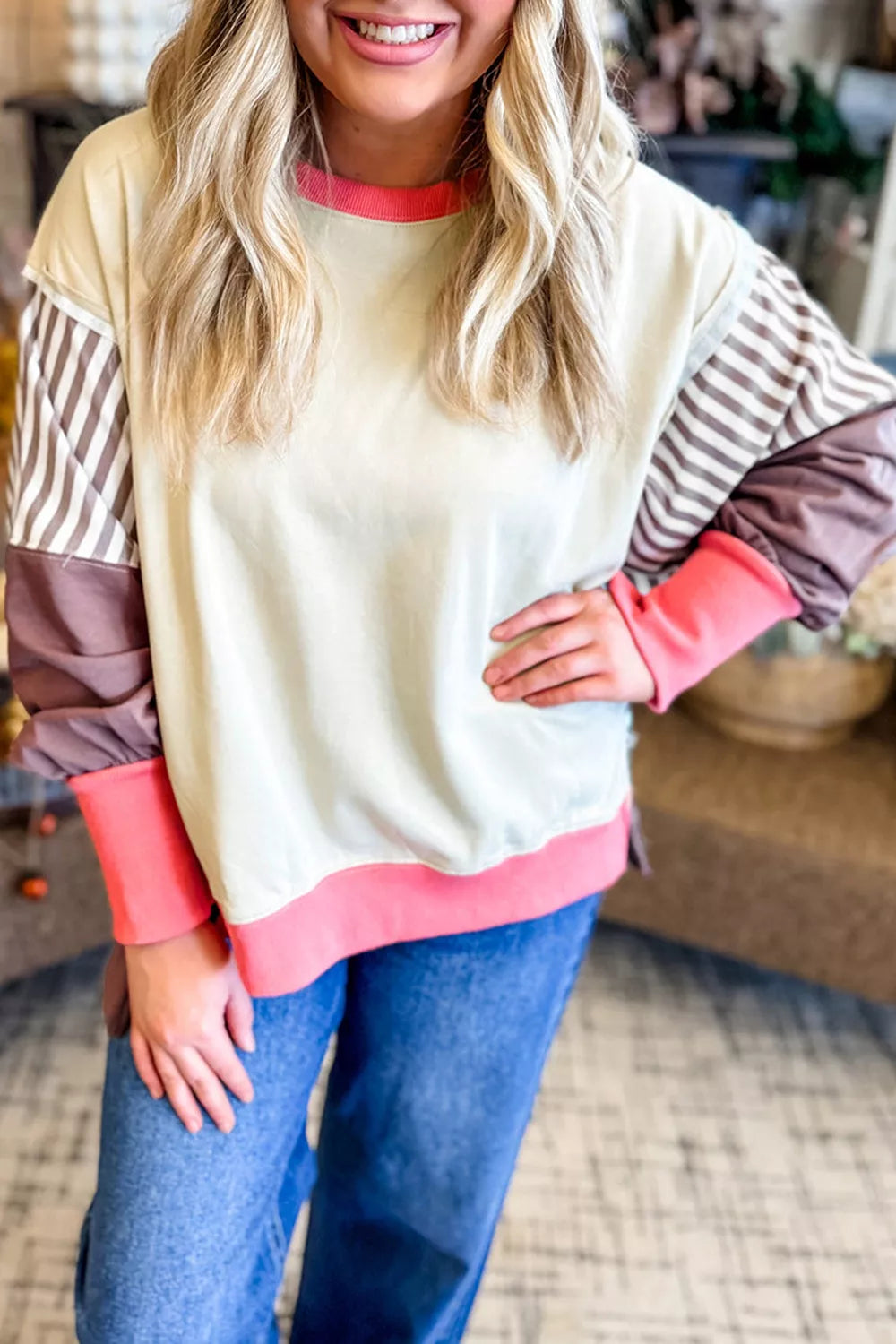 Trendsi Color-Block Striped Crew Neck Sweatshirt -