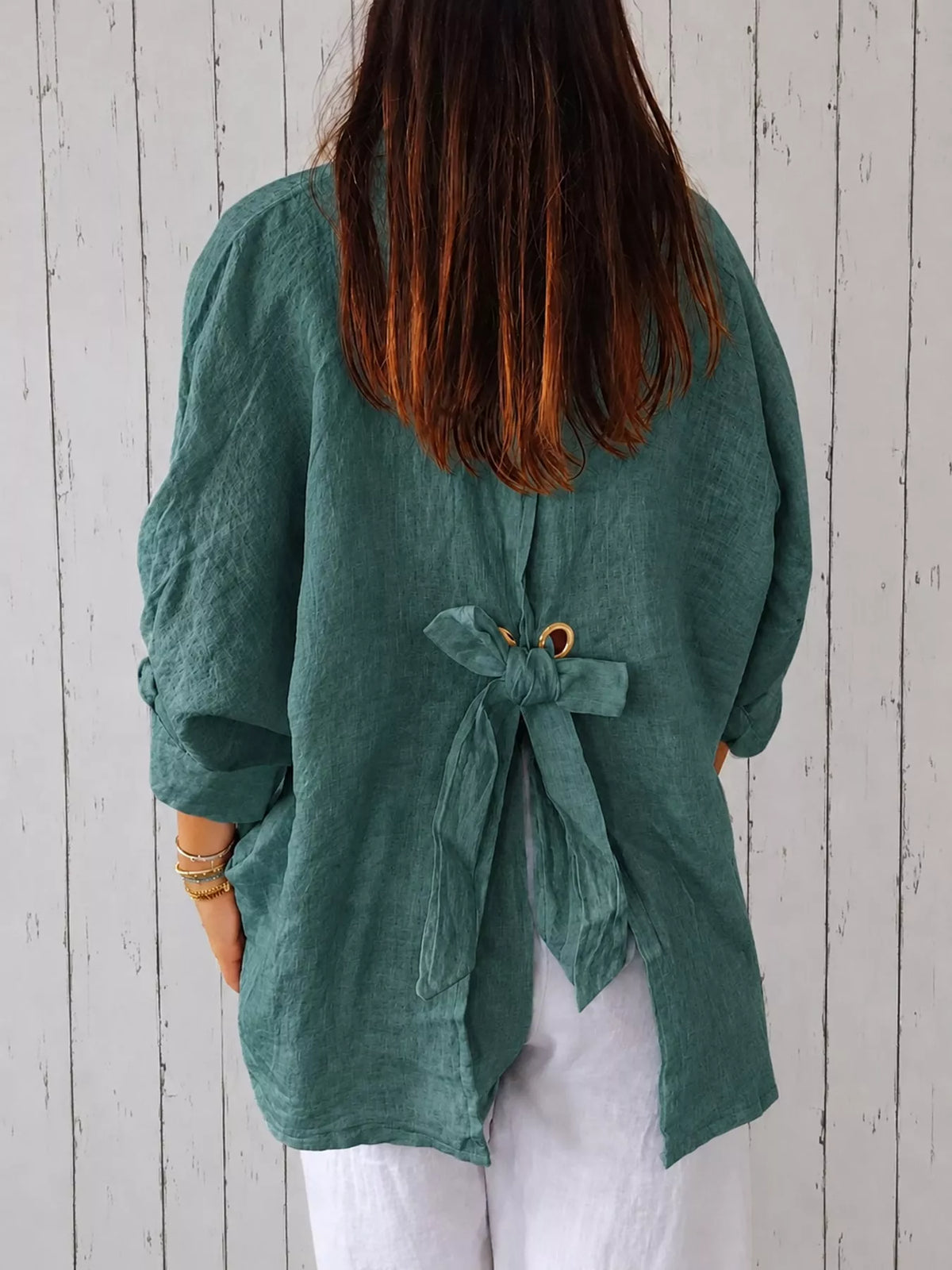 Peacock Green loose fit tie back shirt, back view