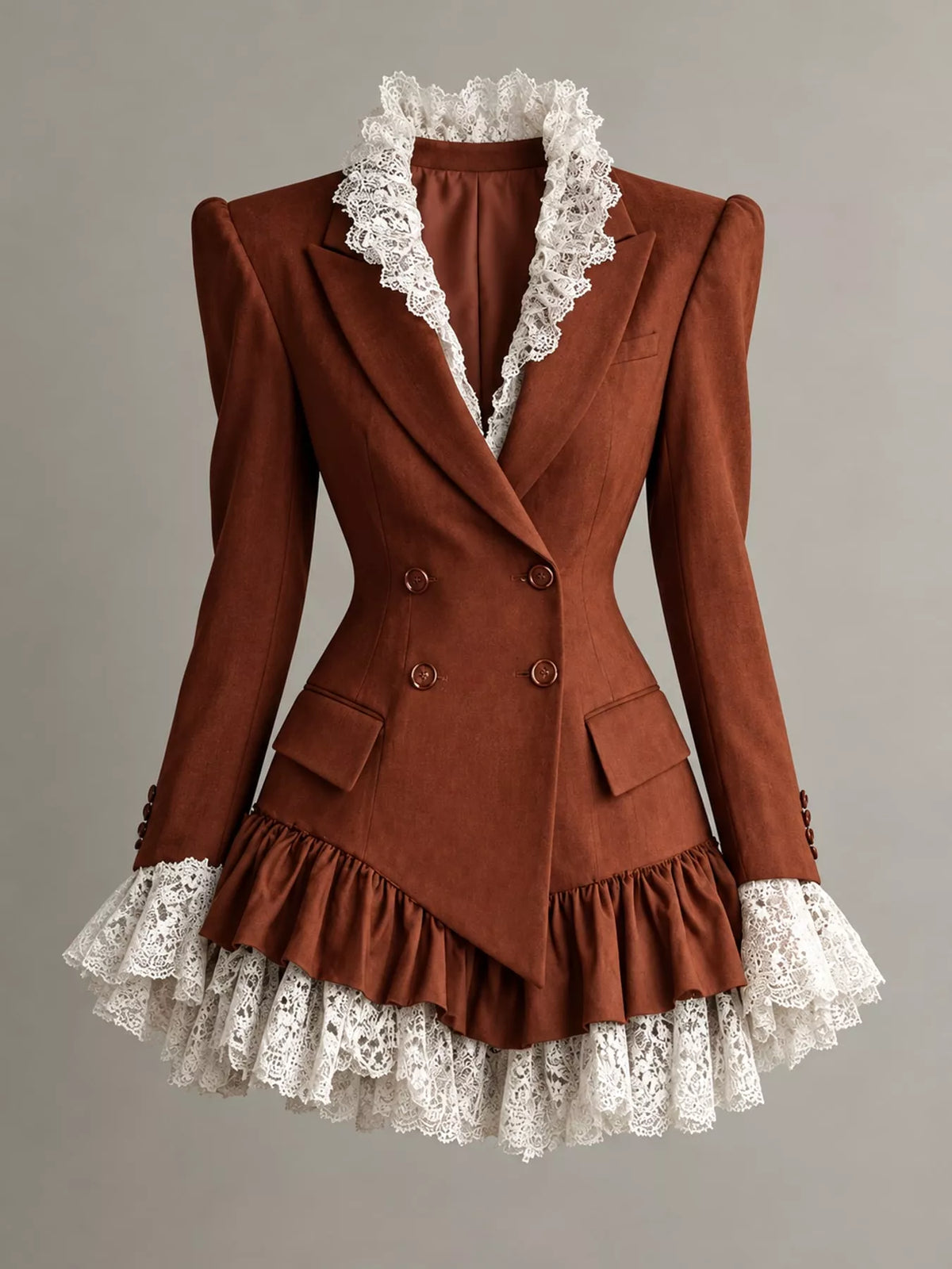 Rust brown lace trim blazer dress, front view
