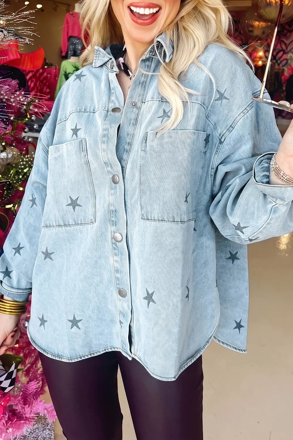 Trendsi Light Wash Star Print Denim Jacket -