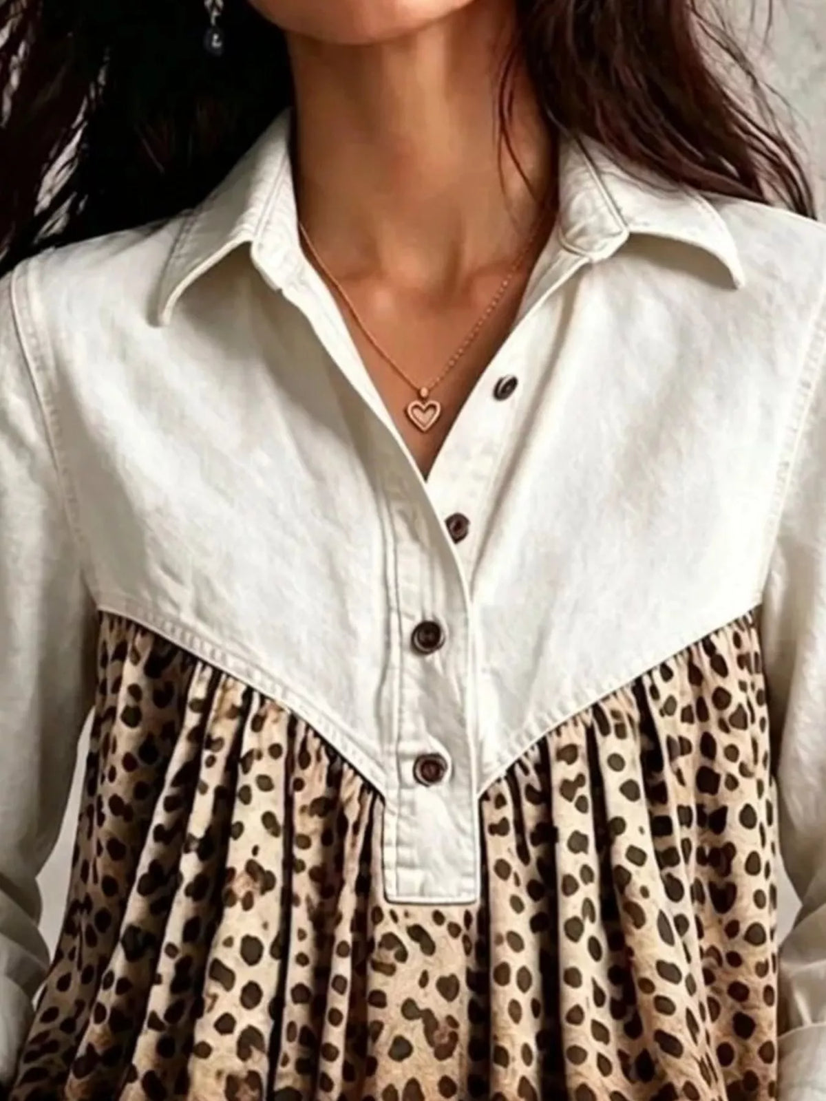 White leopard-panel button-front blouse, neckline close-up
