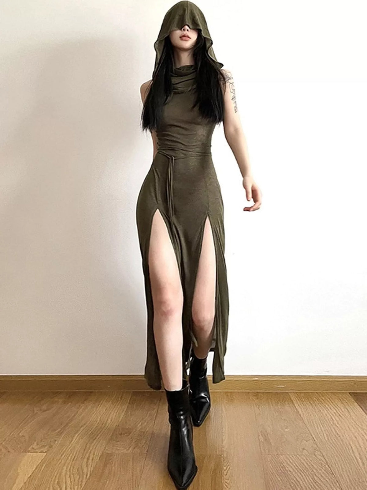 Olive green sleeveless high slit hooded maxi dress, front view