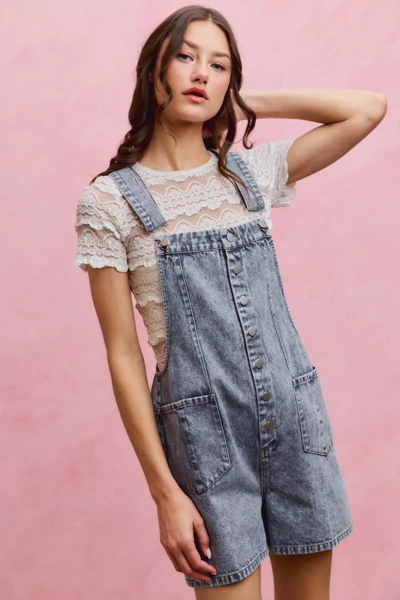Women's Denim Romper With Adjustable Straps Button Front Acid Wash — product view 8