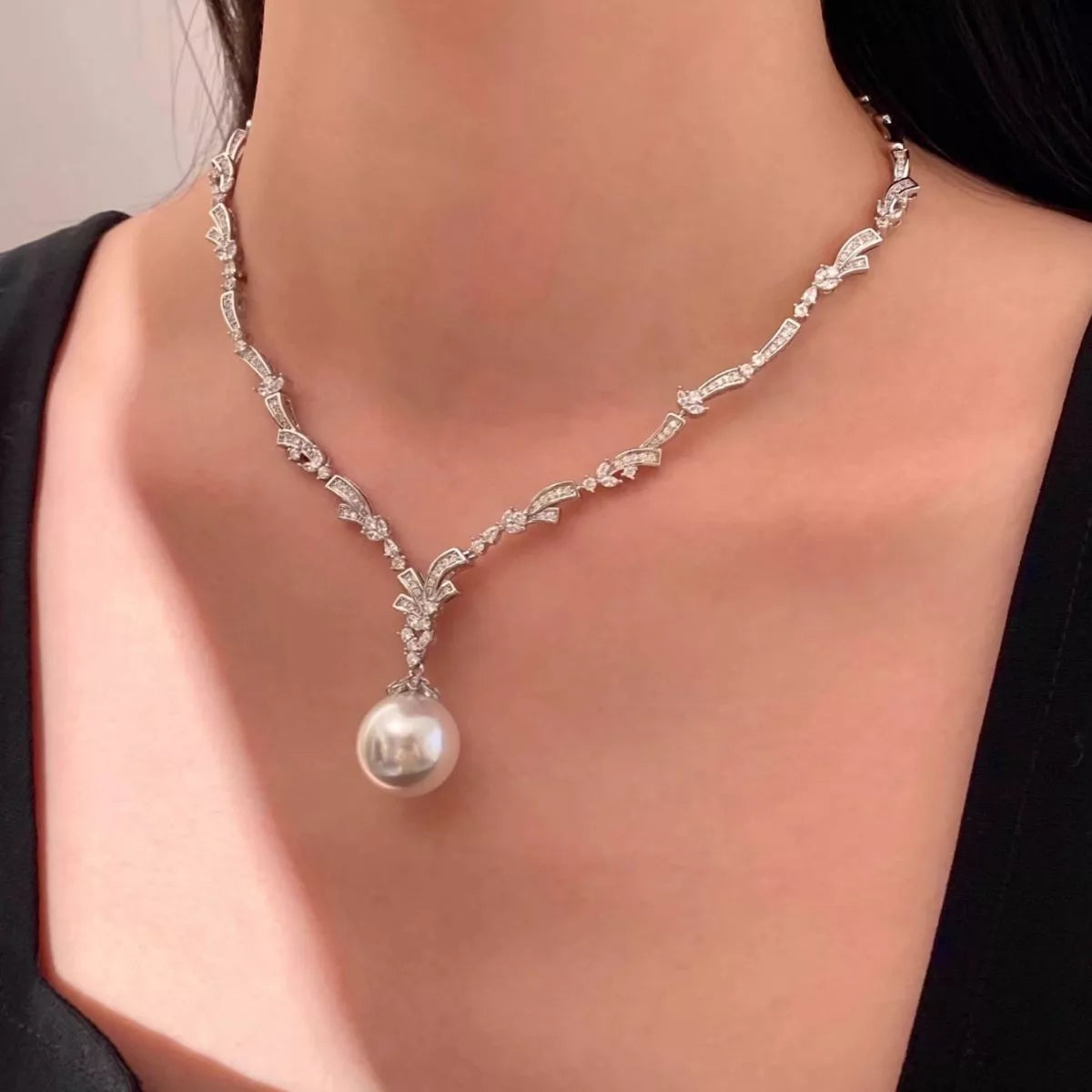 Trendsi Zircon Pearl Pendant Necklace -