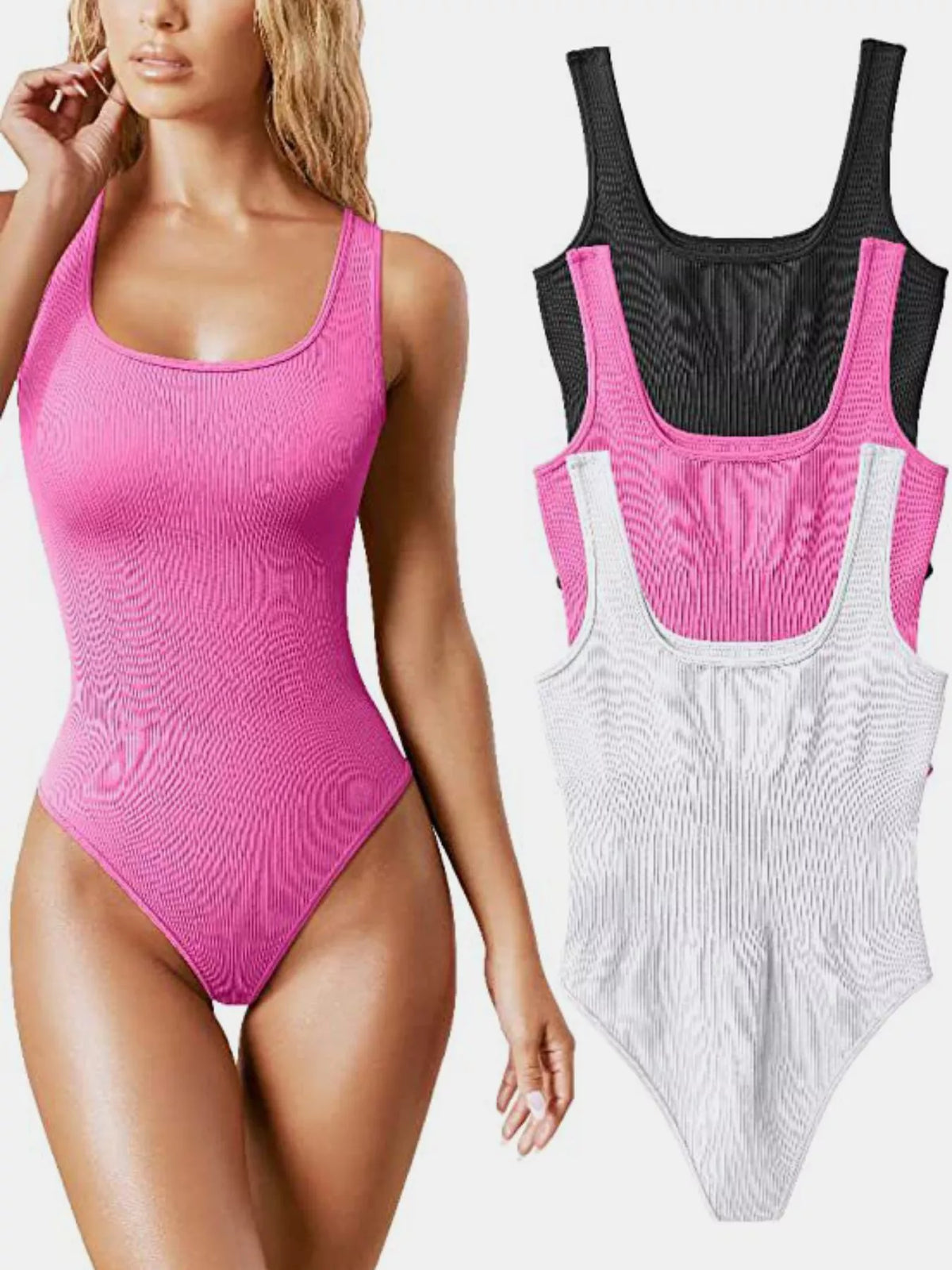 Ribbed bodysuit, pink front with color options
