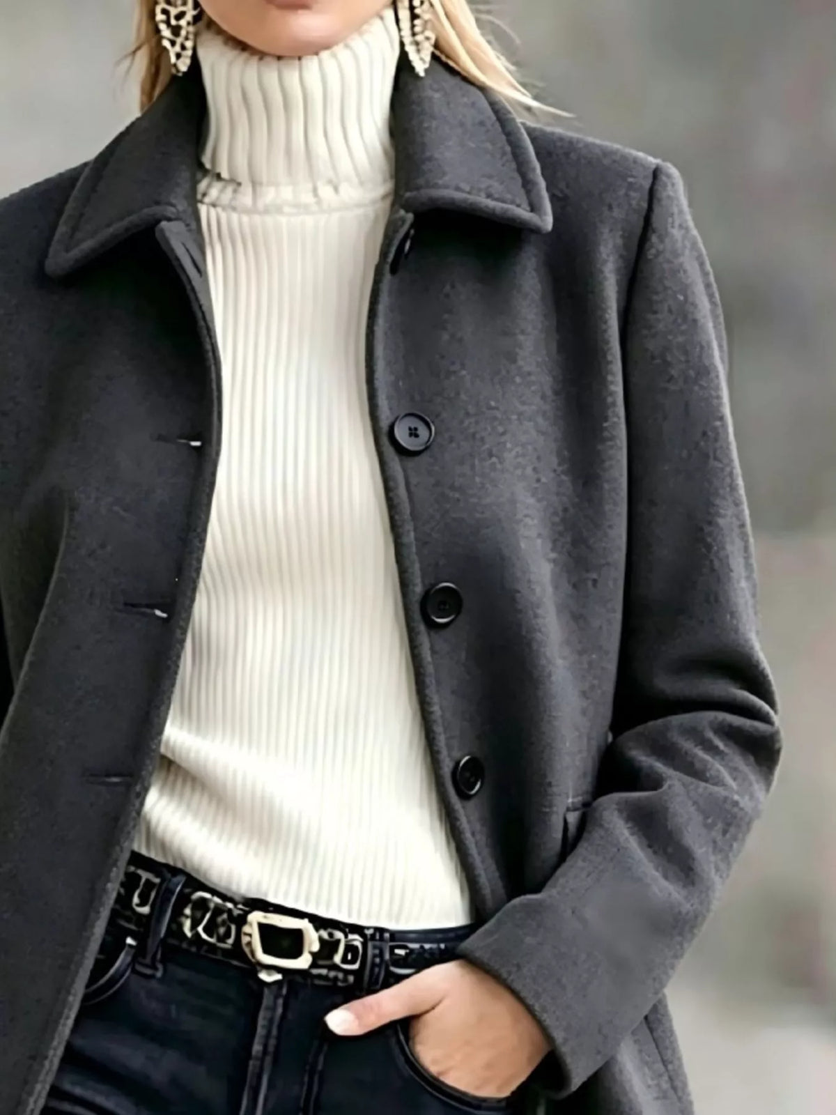 Women's Button Up Longline Coat in charcoal — collar detail view