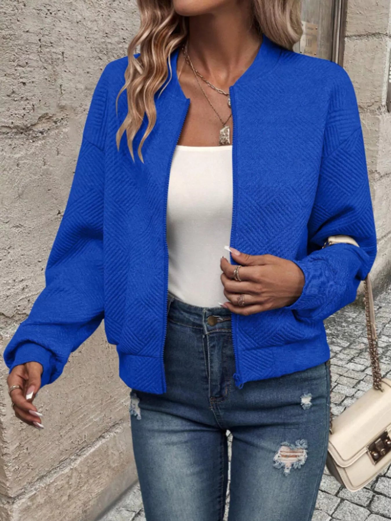 Trendsi Textured Knit Zip-Up Bomber Jacket -
