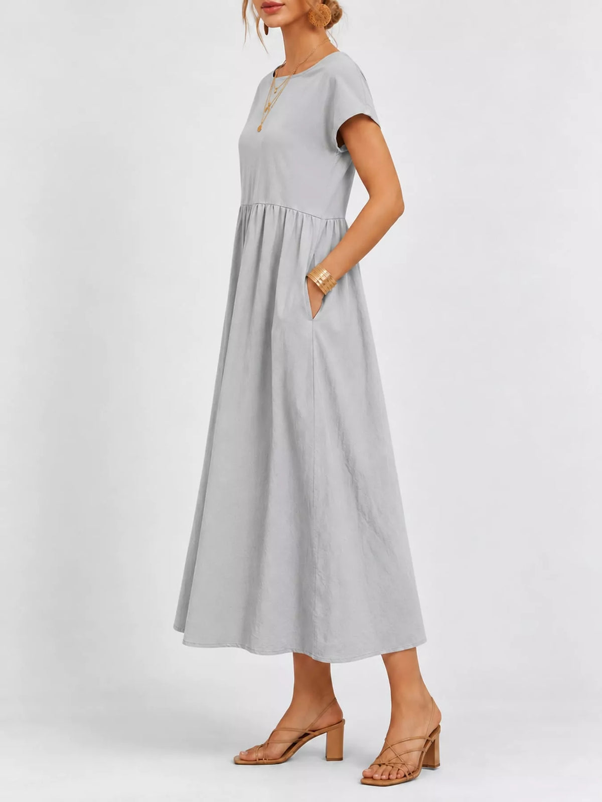 Round neck short sleeve midi dress, side view