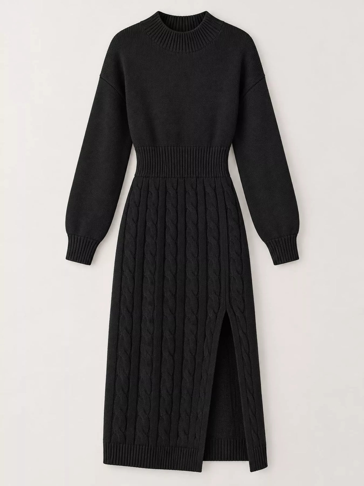 Women's Mock Neck Cable Knit Sweater Dress with Front Slit in black — flat lay view